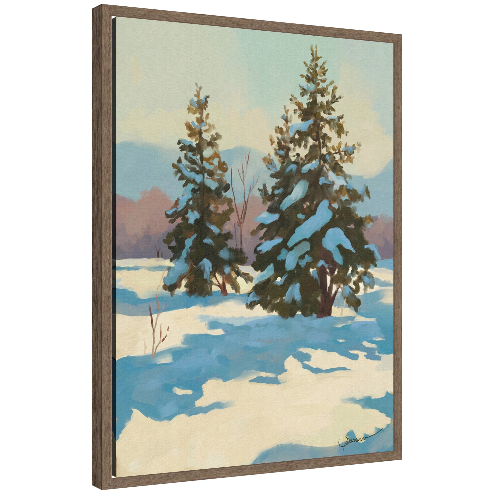 Framed canvas print showing a winter scene with snow-covered pine trees and pastel sky, presented in walnut-colored Sylvie frame.