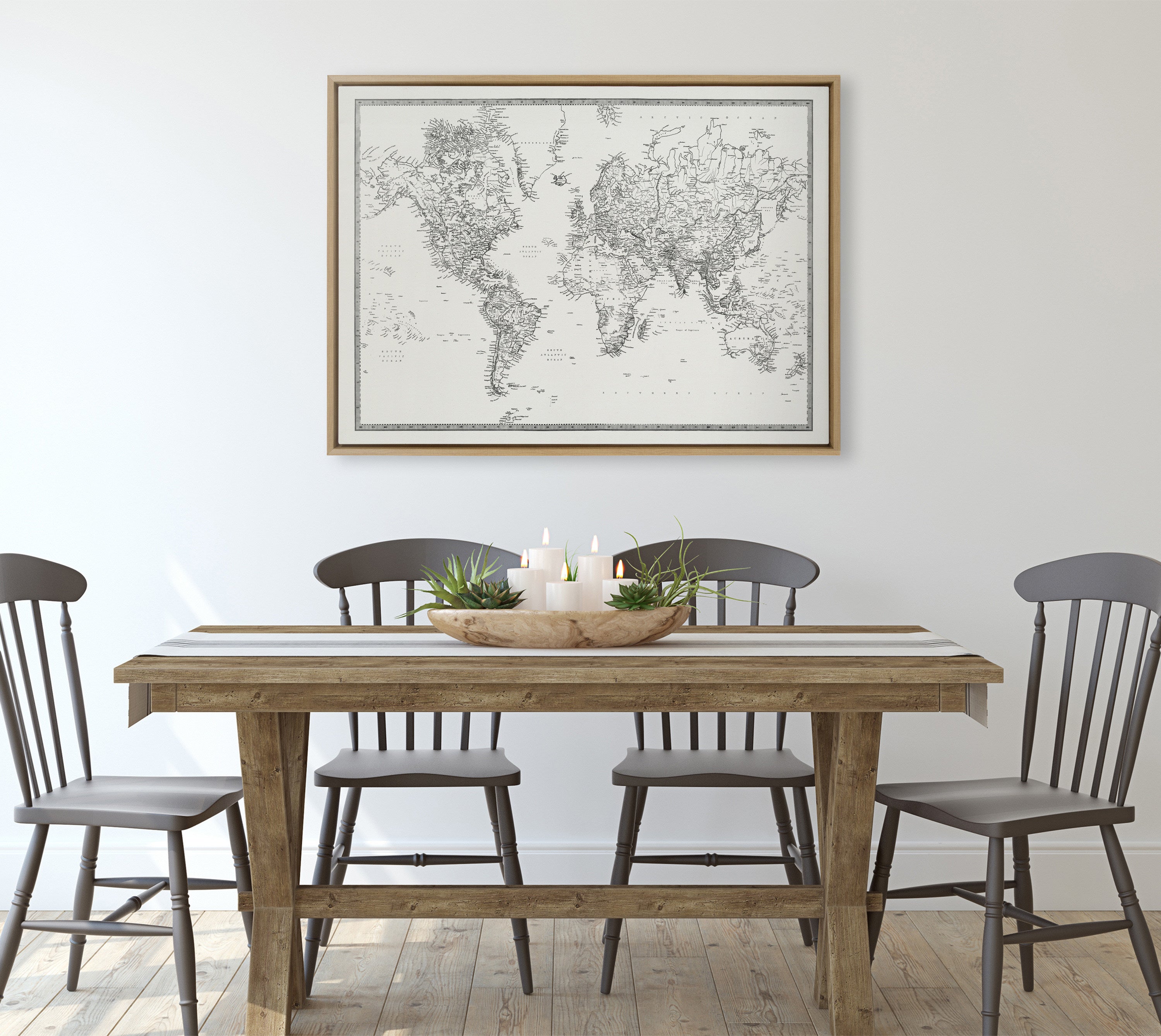 Sylvie Vintage Black and White World Map Framed Canvas by The Creative