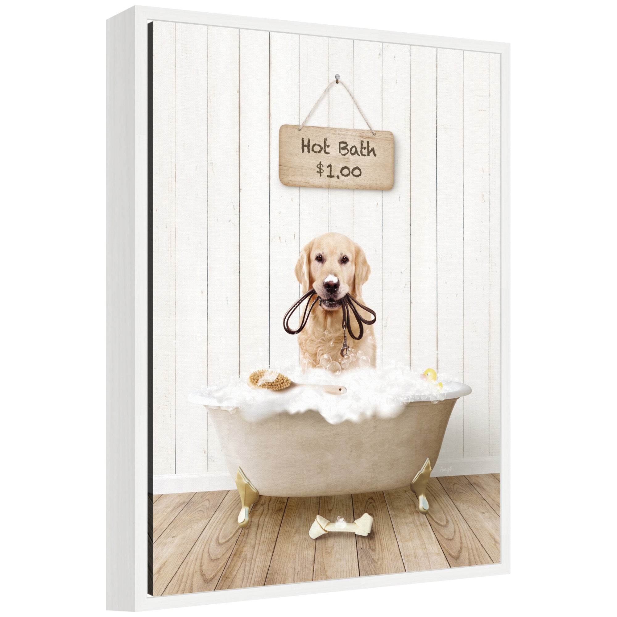 Framed canvas art featuring a Golden Retriever dog sitting in a hot bath, surrounded by bubbles, in a modern white frame