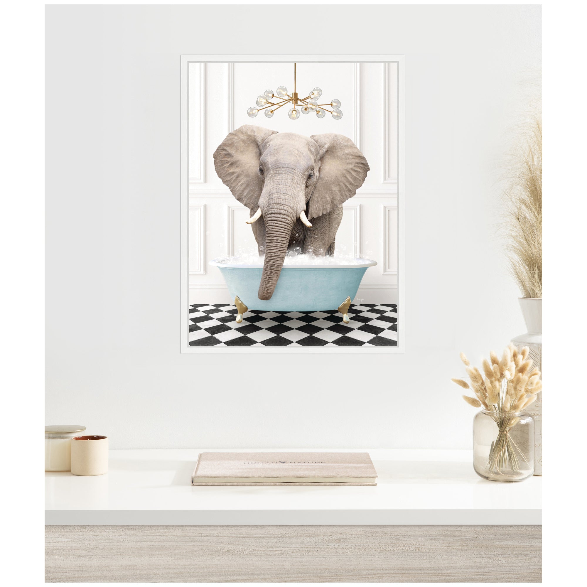 Sylvie Elephant Front in Blue Bathtub on Checker Floor Framed Canvas