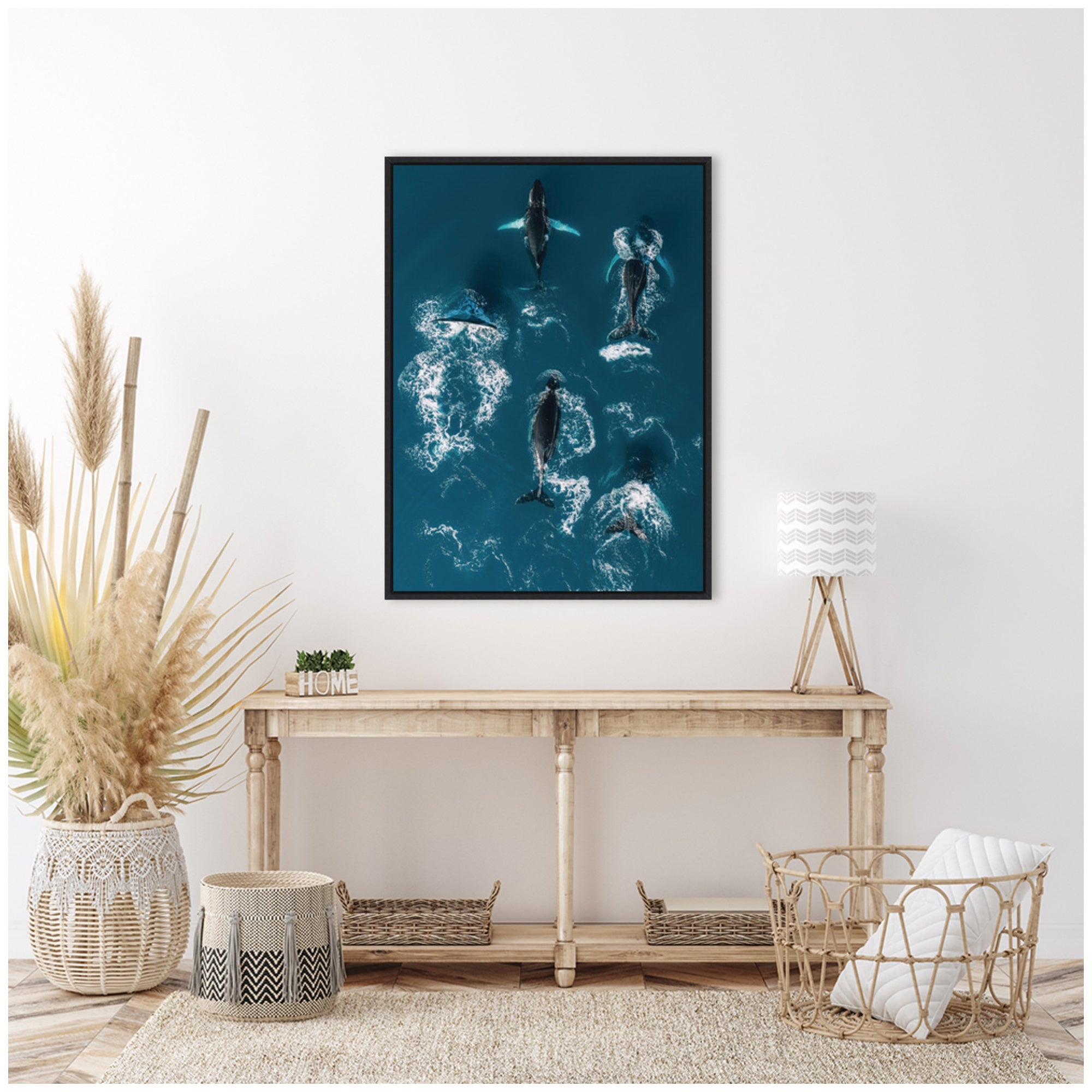 Sylvie School of Humpback Whales in the Blue Ocean Framed Canvas by Michael Schauer