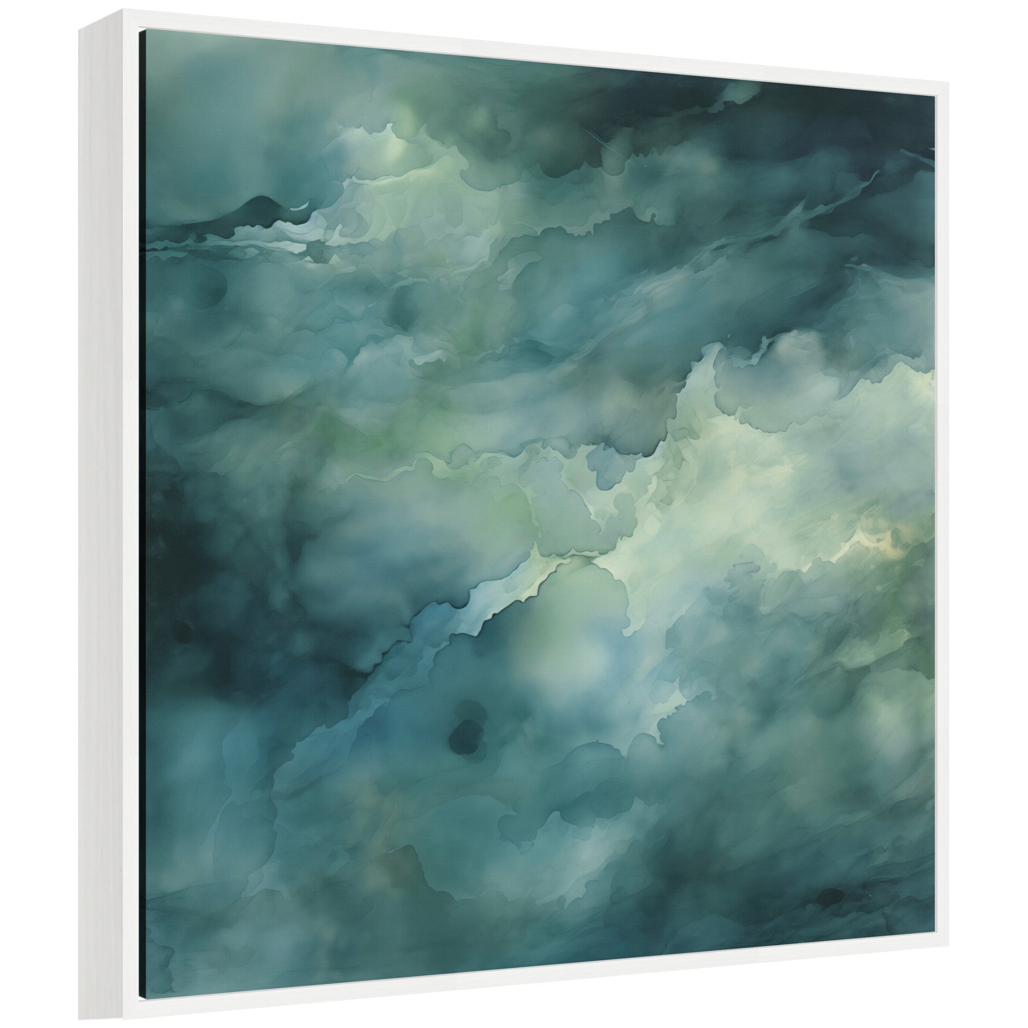 Sylvie Rich Green Teal Watery Abstract Framed Canvas showing abstract swirls in green and teal hues, floating polystyrene frame