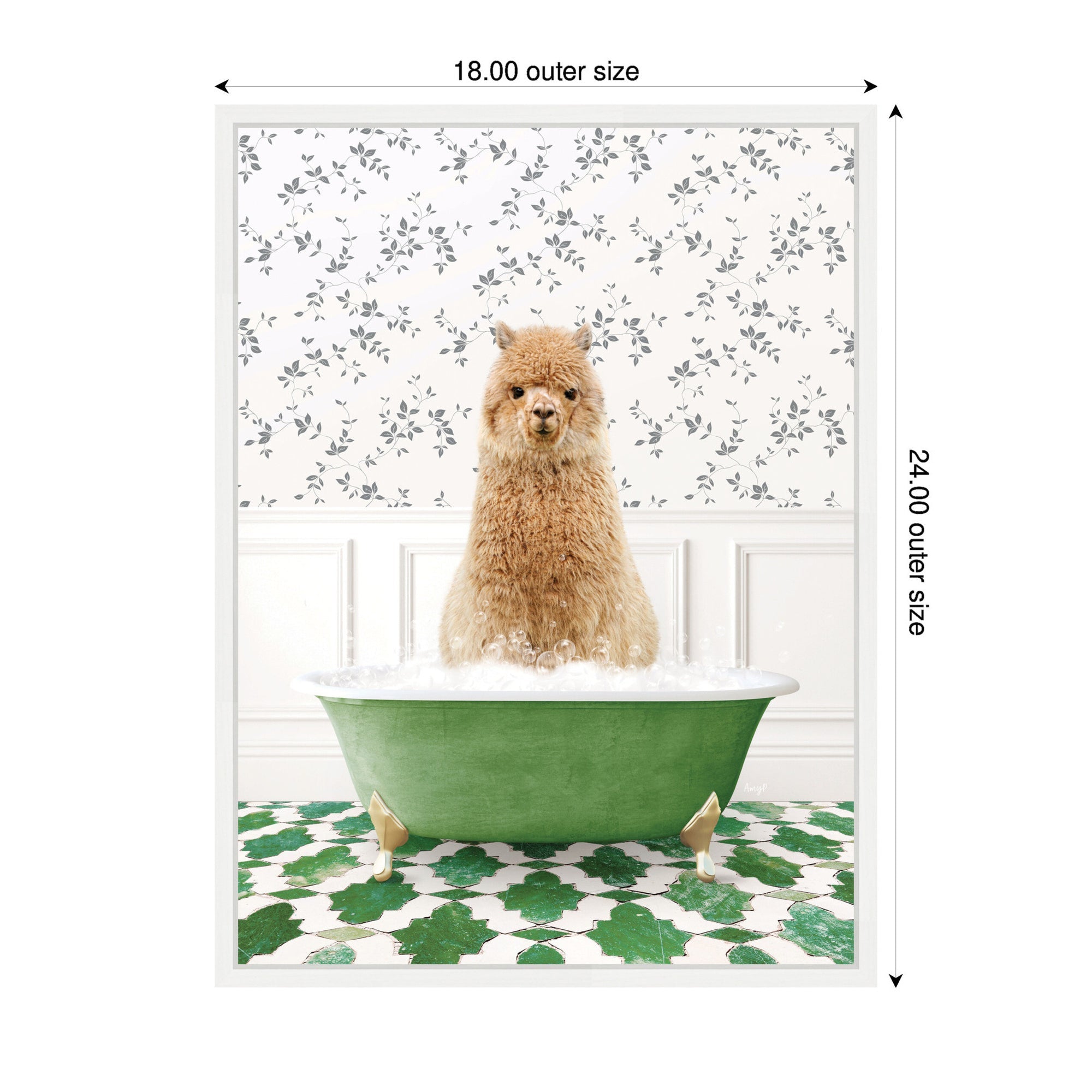 Sylvie Alpaca in Eclectic Green Bathtub Framed Canvas by Amy Peterson