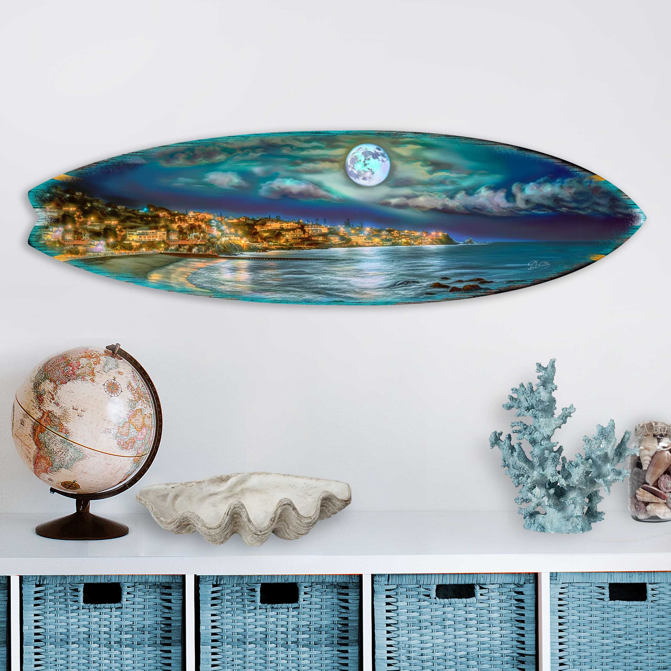 Surfboard Coastal Wall Art - Full Moon Night Wall Art by G. DeBrekht
