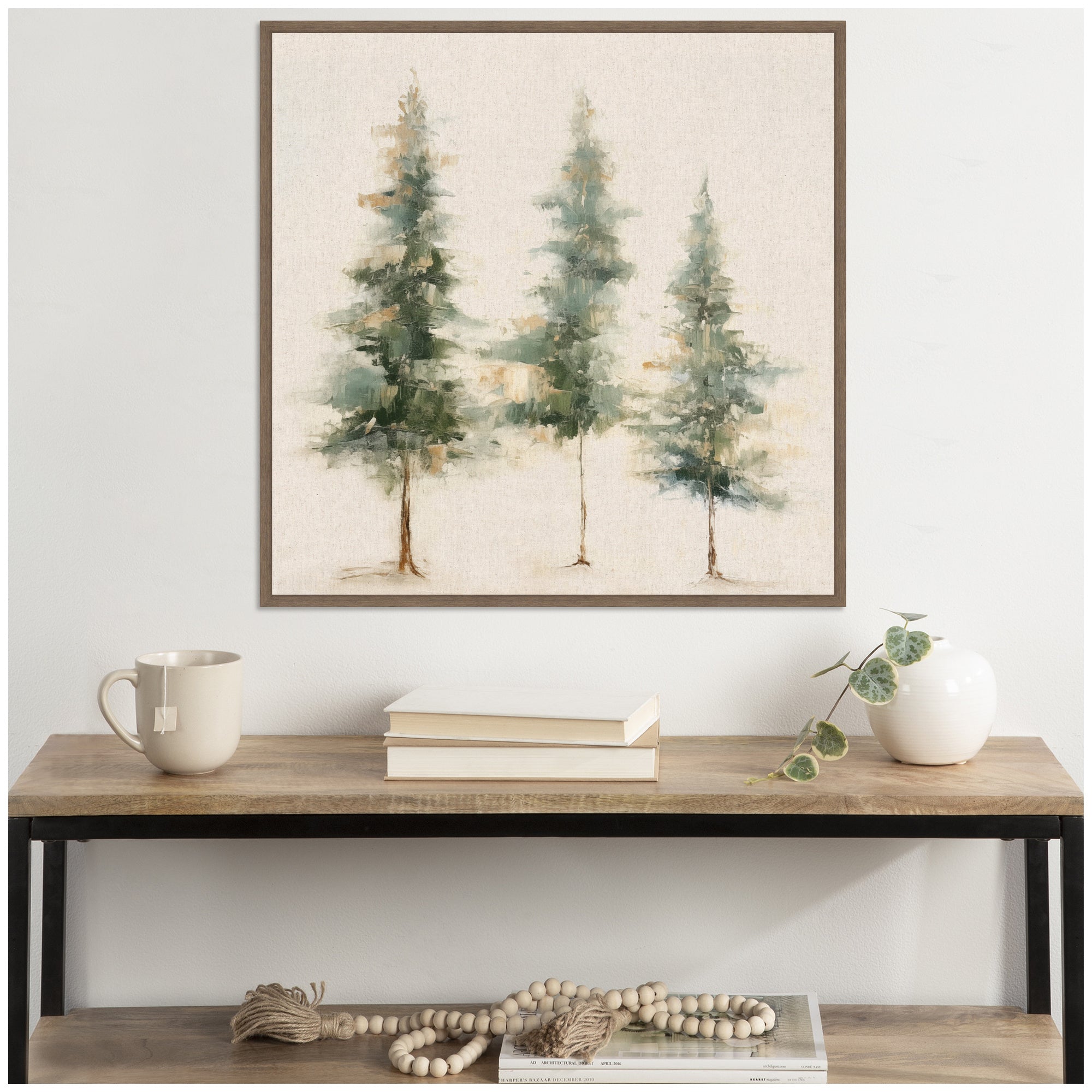 Sylvie Abstract Forest Evergreen Trees on Neutral Linen Framed Canvas