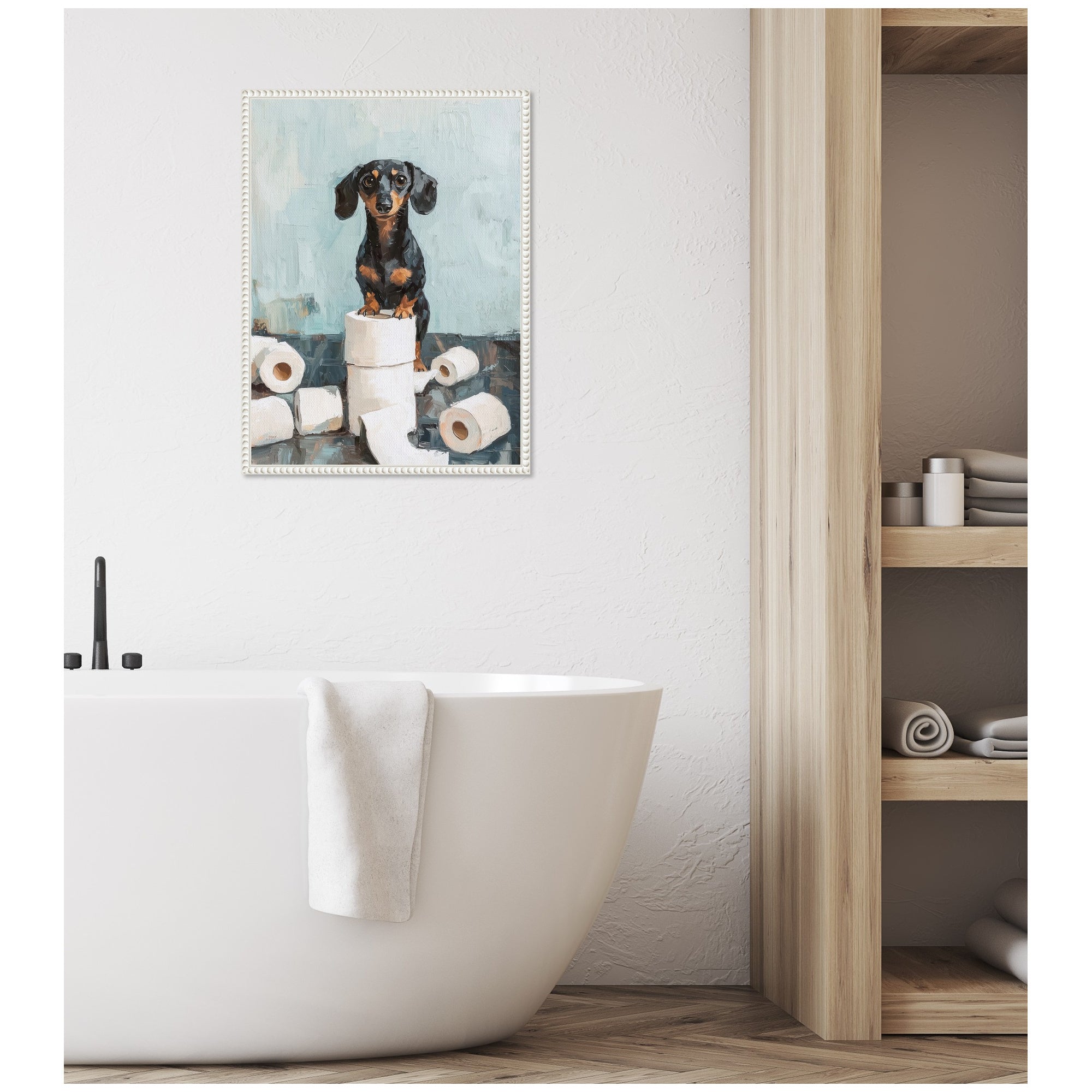 Sylvie Cute Dachshund Dog Toilet Paper Rolls Blue Teal Bathroom Art Framed Canvas
