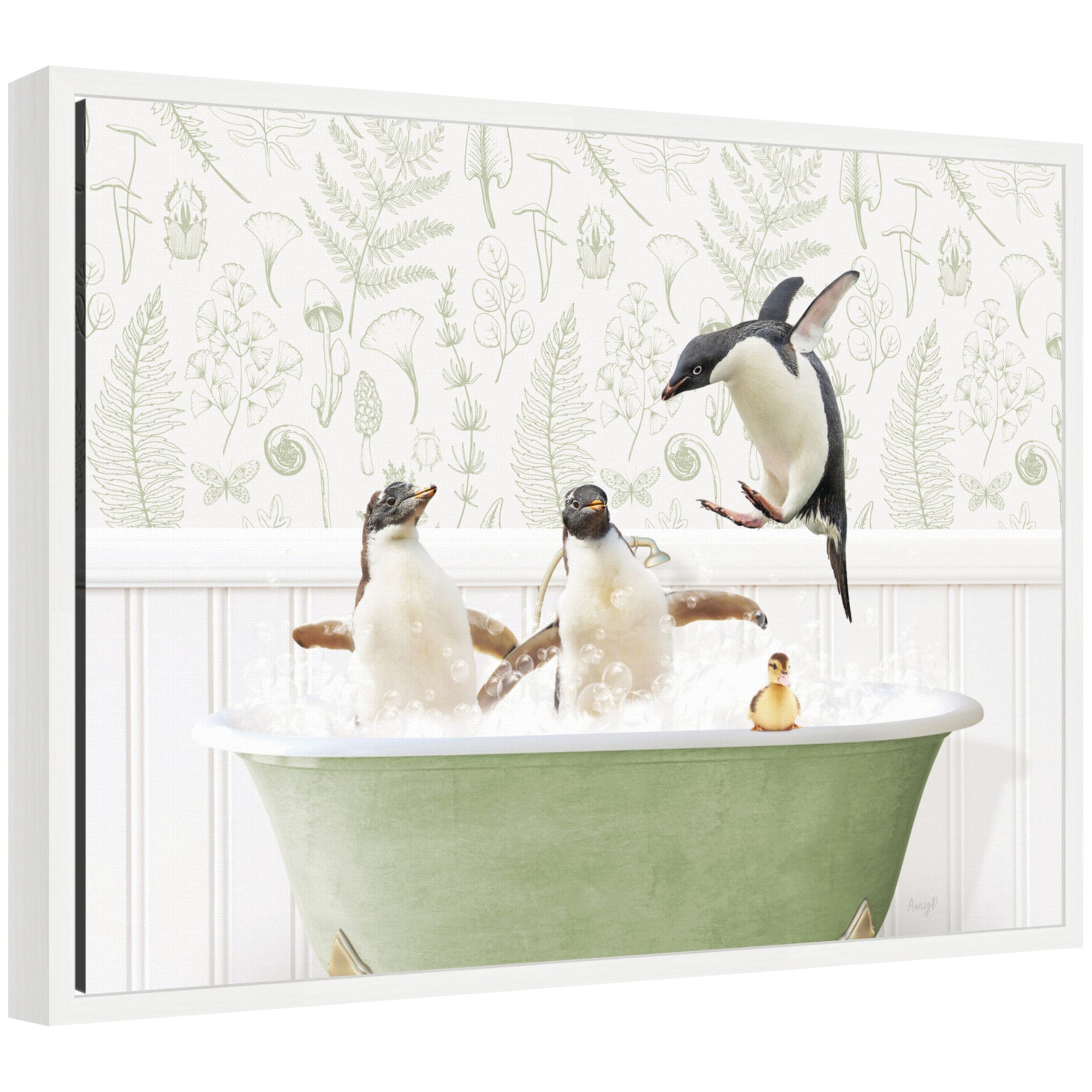 Framed floating canvas art titled 'Sylvie Penguins in Fern Bath' showing penguins amongst ferns.
