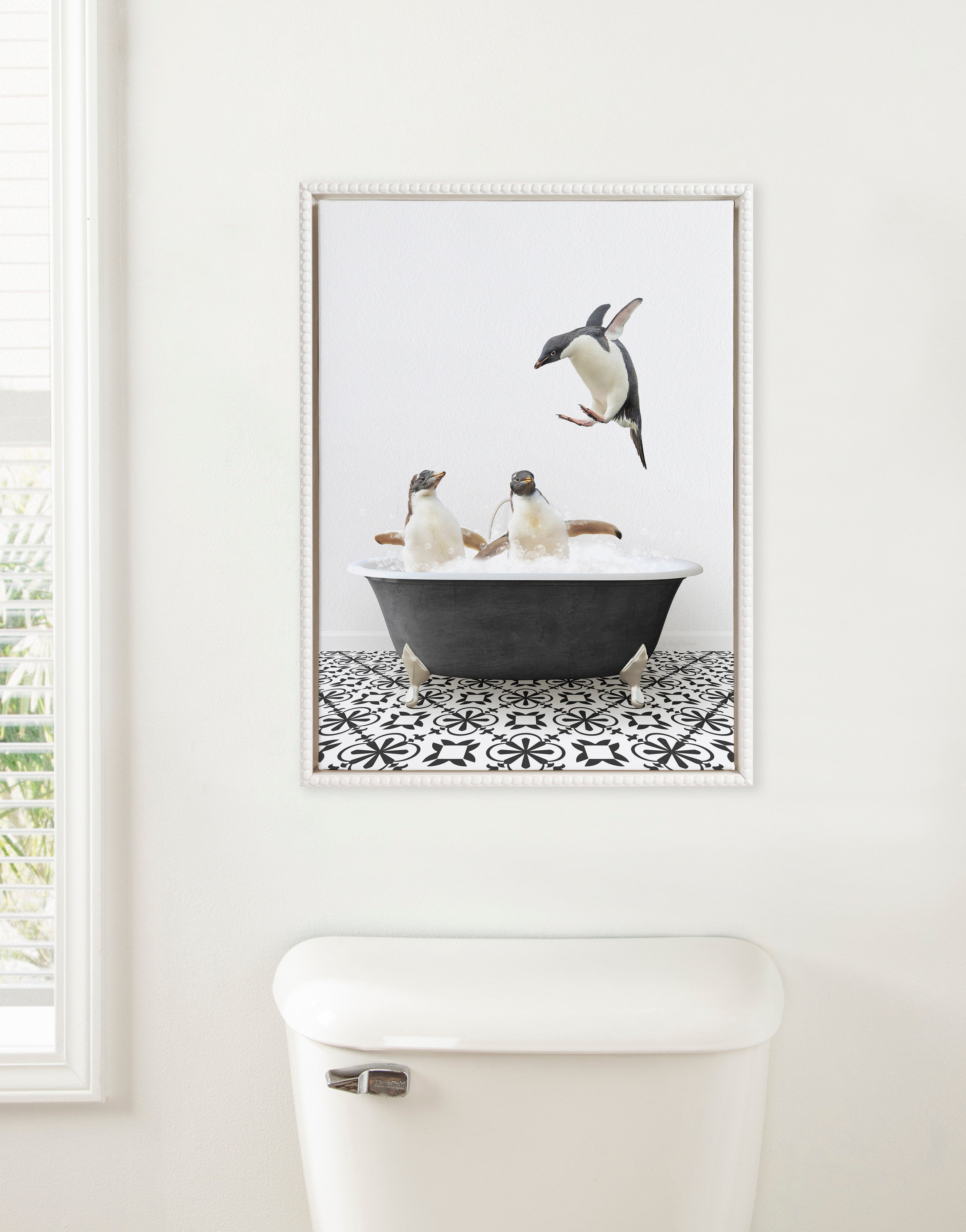 Sylvie Penguins in Classic Black and White Bath Framed Canvas by Amy Peterson