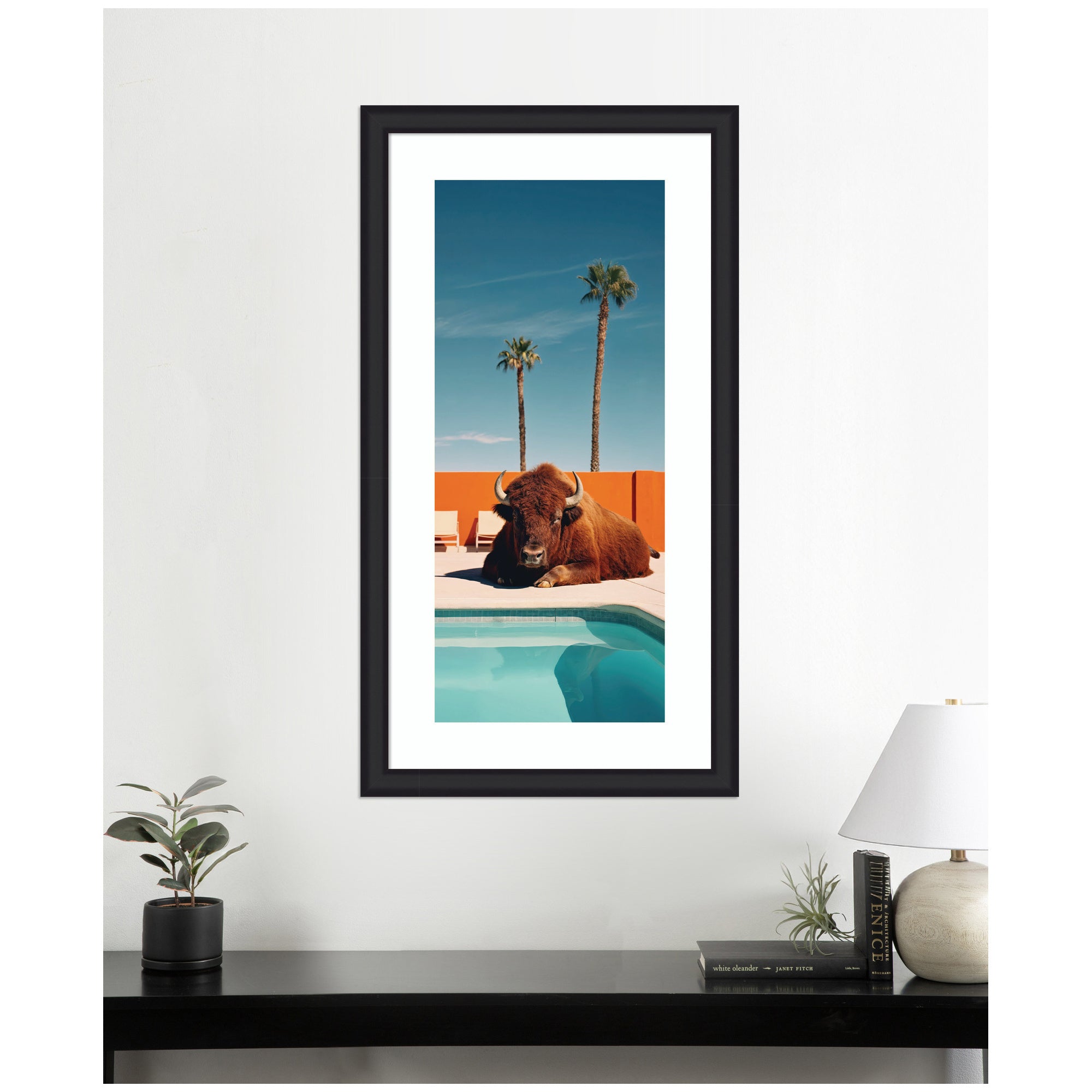 Framed Art Bison Chilling by the Pool in California by Michael Schauer