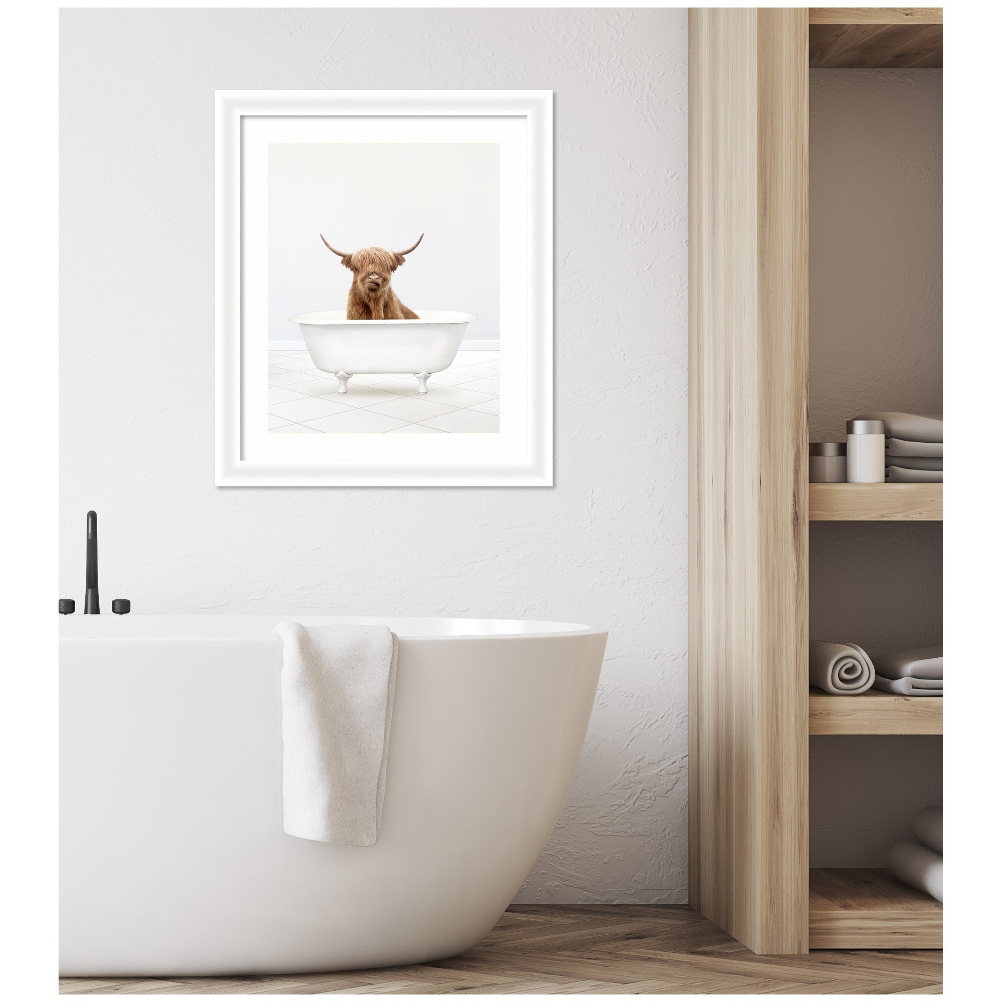 Highland Cow Solo Bathtub by Amy Peterson Framed Wall Art Print