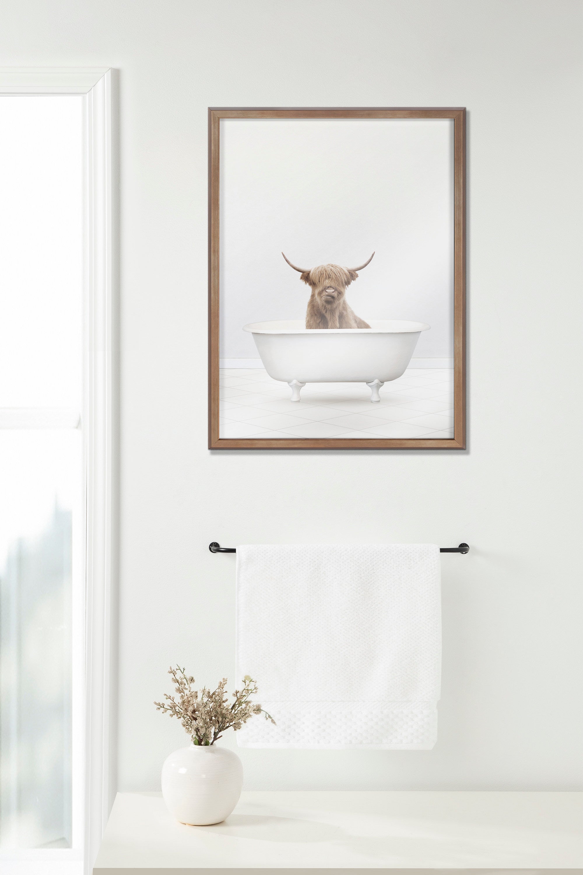 Blake Highland Cow Solo Bathtub Framed Printed Glass by Amy Peterson Art Studio