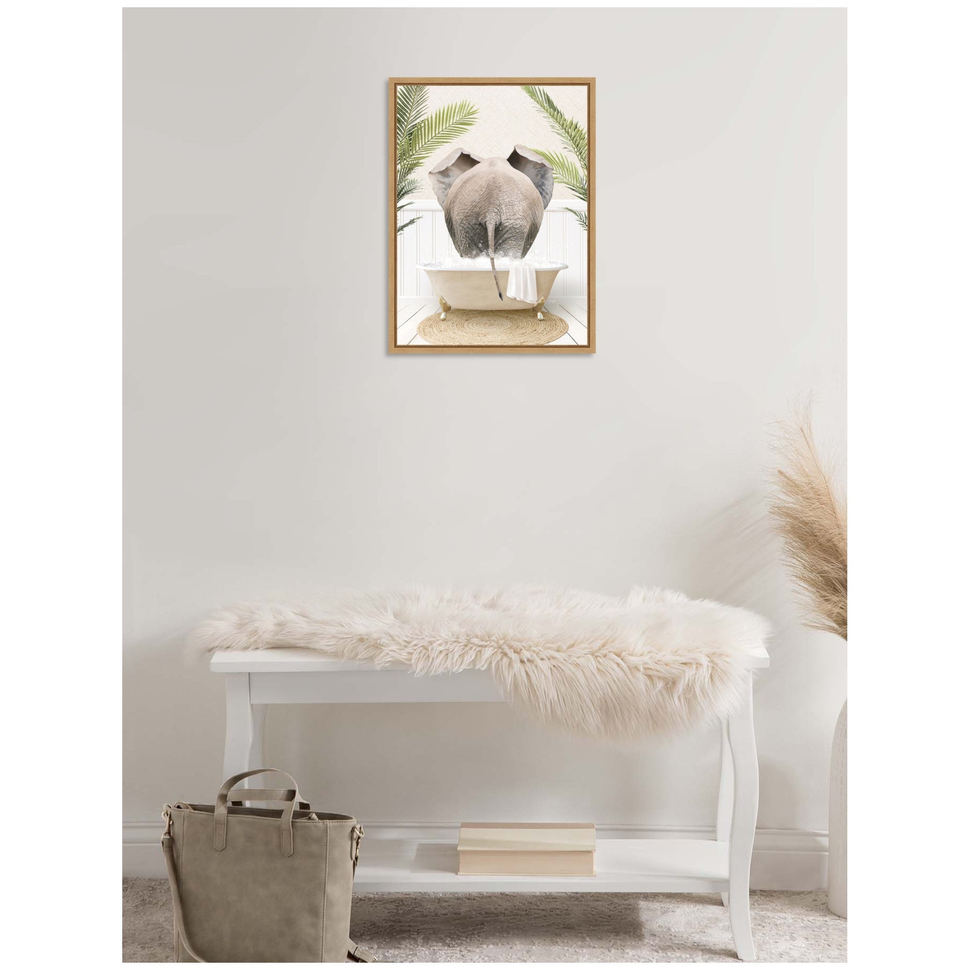 Sylvie Elephant Back in Palm Bathtub Framed Canvas by Amy Peterson