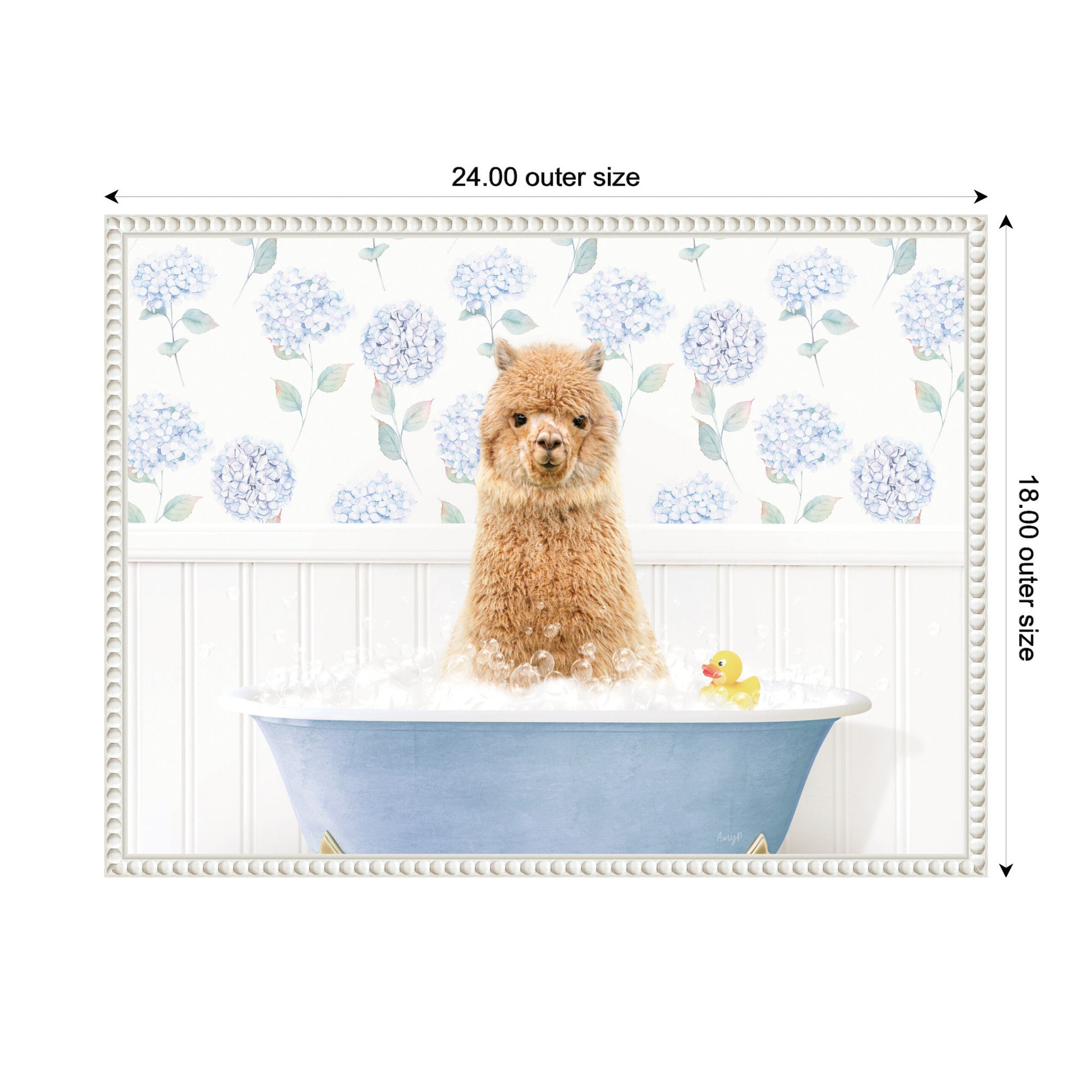 Sylvie Baby Alpaca in Hydrangea Bubble Bathtub Framed Canvas by Amy Peterson