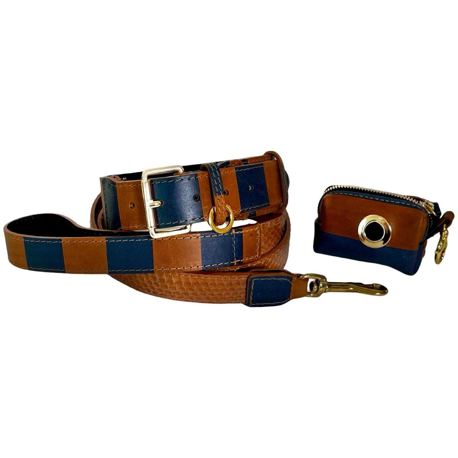 Riviera Classic Set with matching poo bag purse in Cognac and Navy Italian leather displayed on textured surface