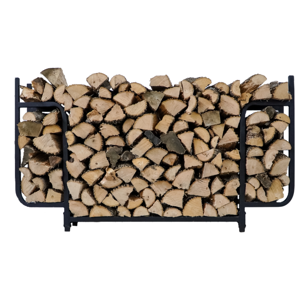 6 ft Courtyard Steel Firewood Rack with Cover by The Woodhaven, showing three storage sections and a protective cover