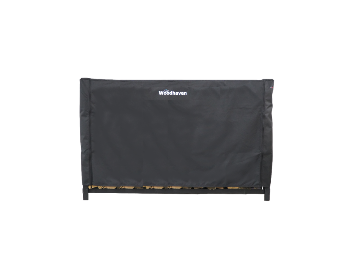 Woodhaven Full Firewood Rack Cover with zipper closure protecting stacked firewood outdoors
