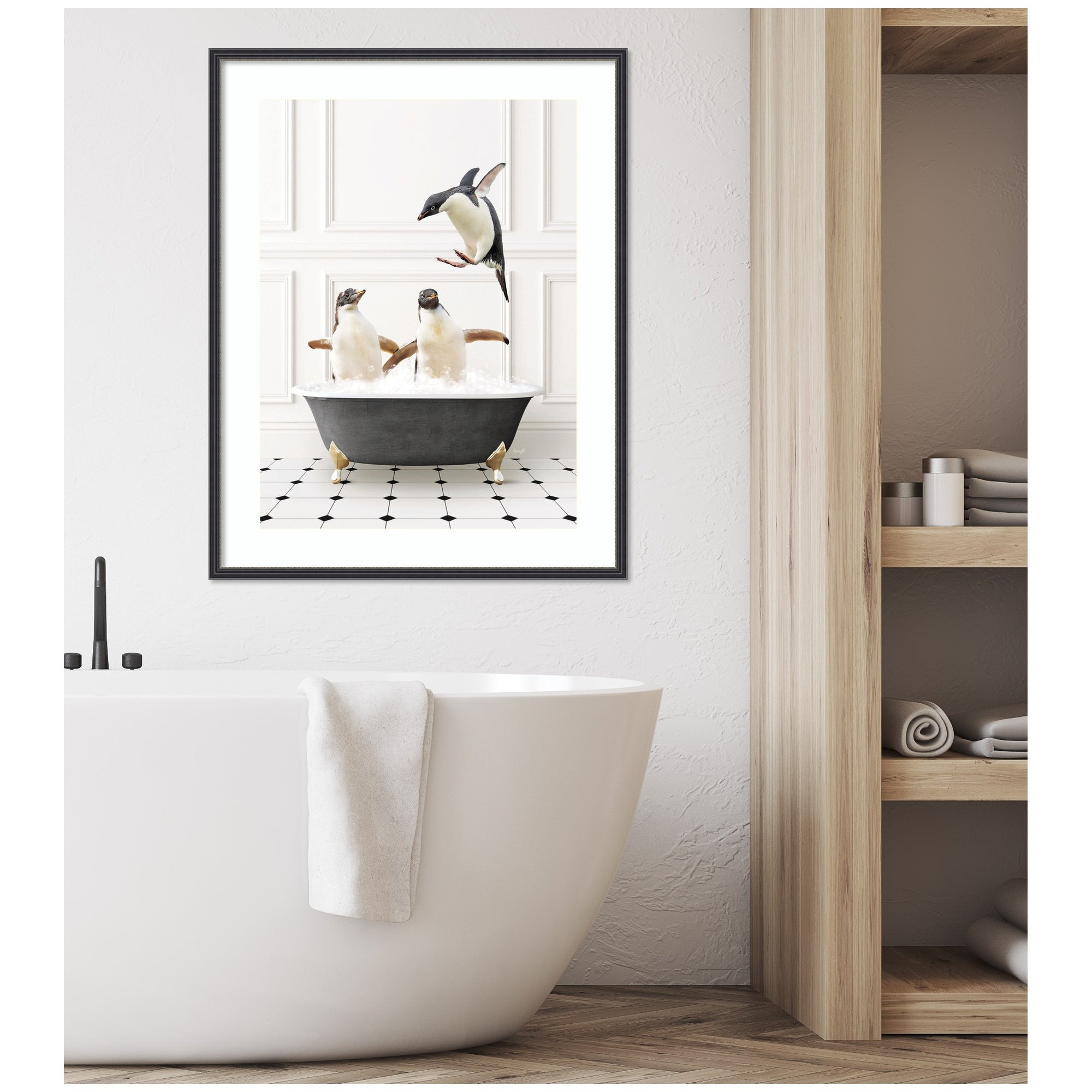 Penguins in Classic Black and White Bath by Amy Peterson Framed Wall Art Print