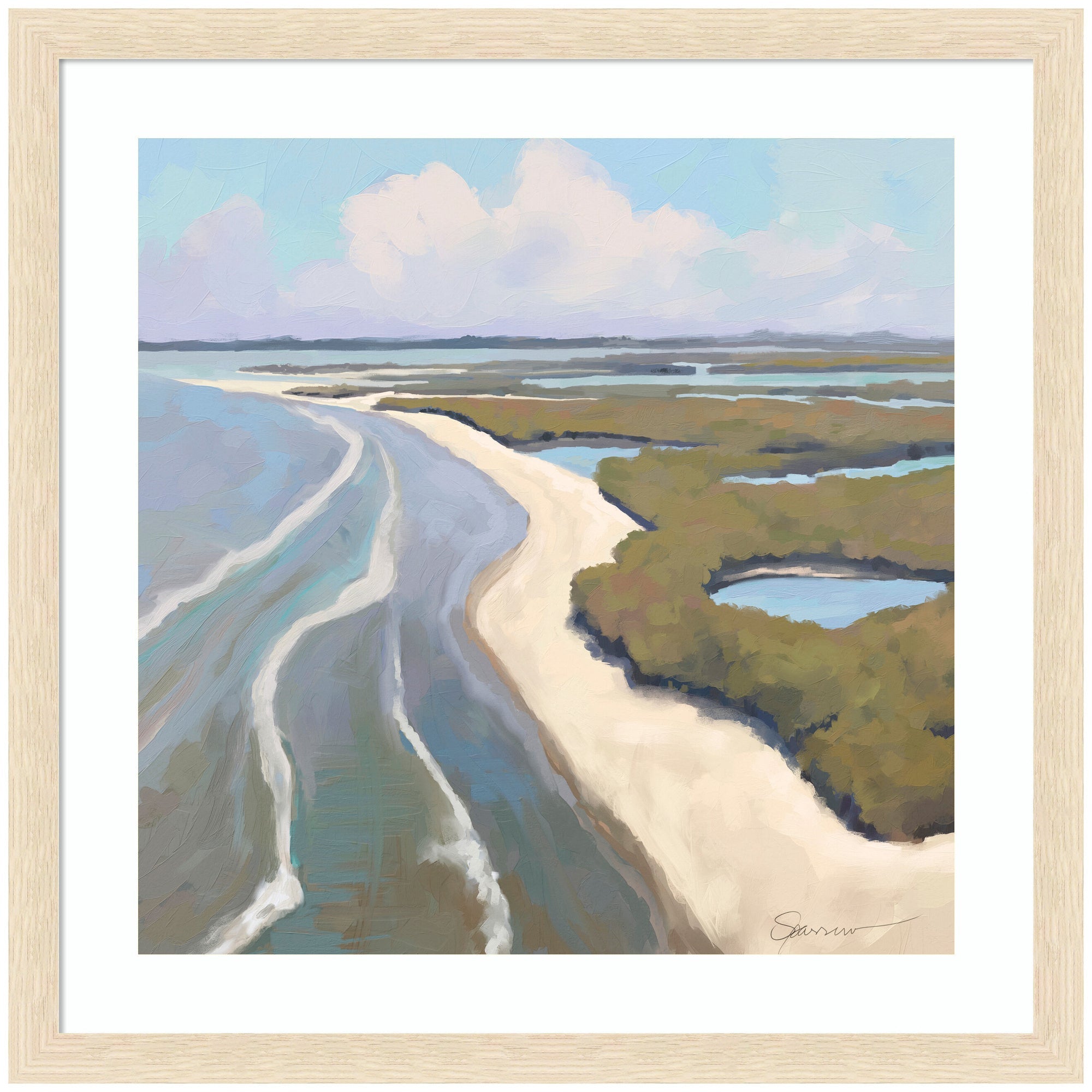 Framed coastal landscape art showing ocean, sandy shore, waves, greenery, and soft clouds.