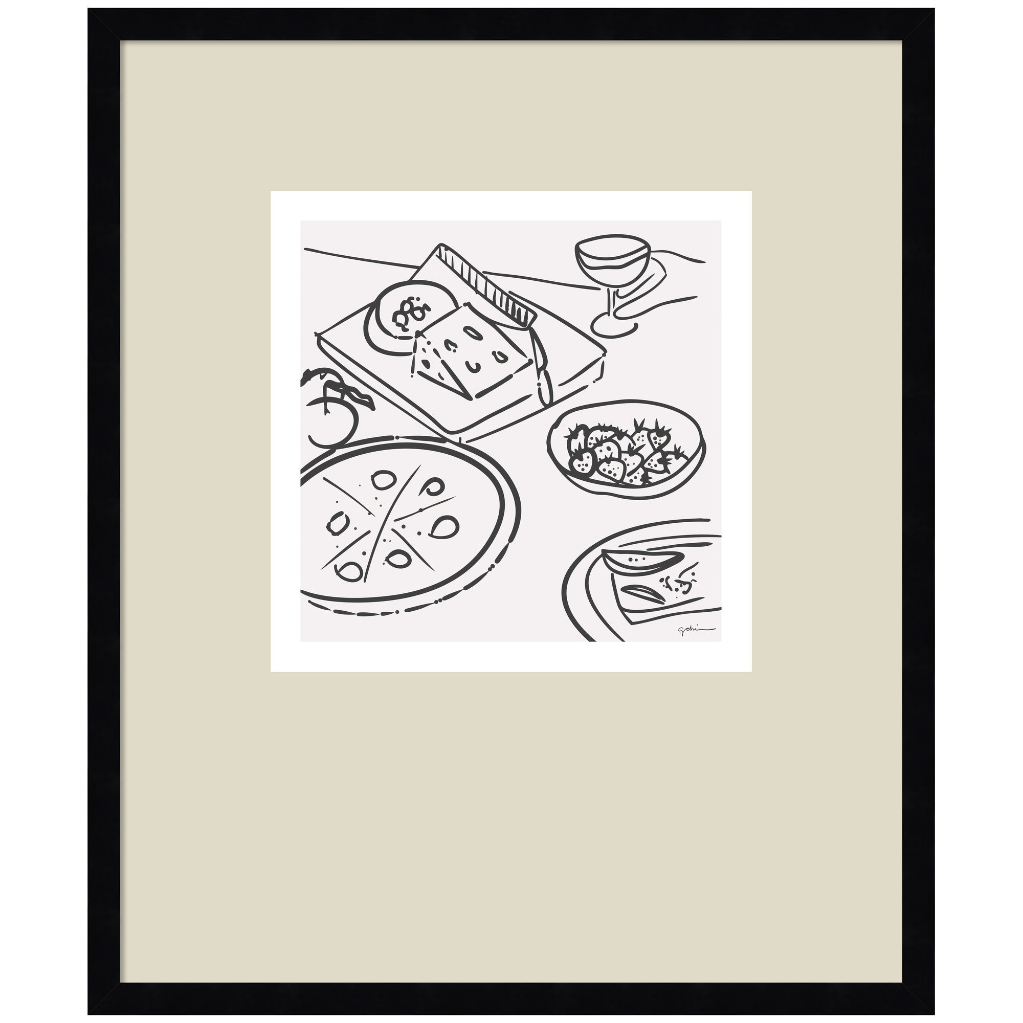 Dinner Club framed wall art print by Gabrielly Guedes with black moulding, showing rich color and a graphic image