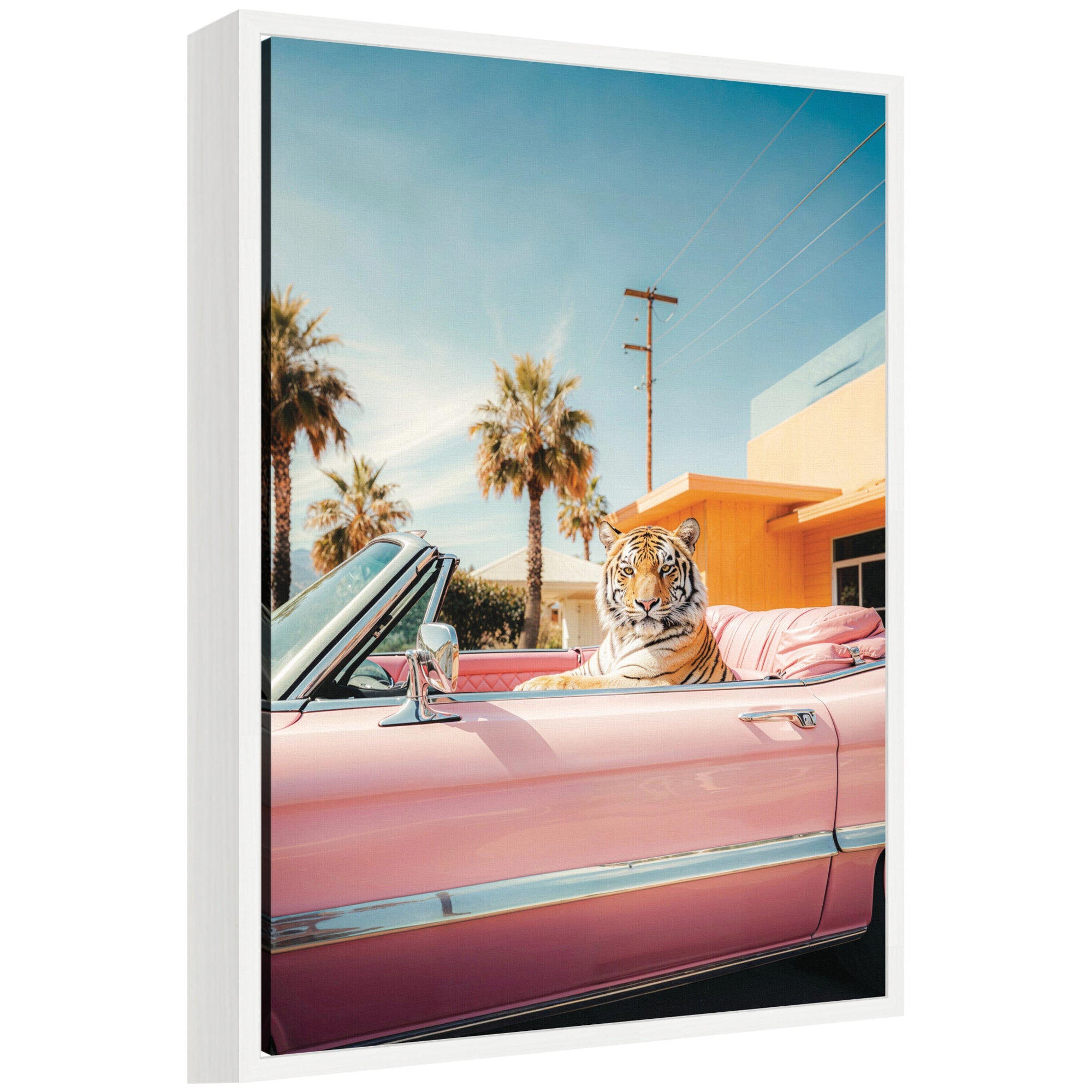 Cool Tiger Sitting in a Pink Classic Car framed canvas wall art by Michael Schauer