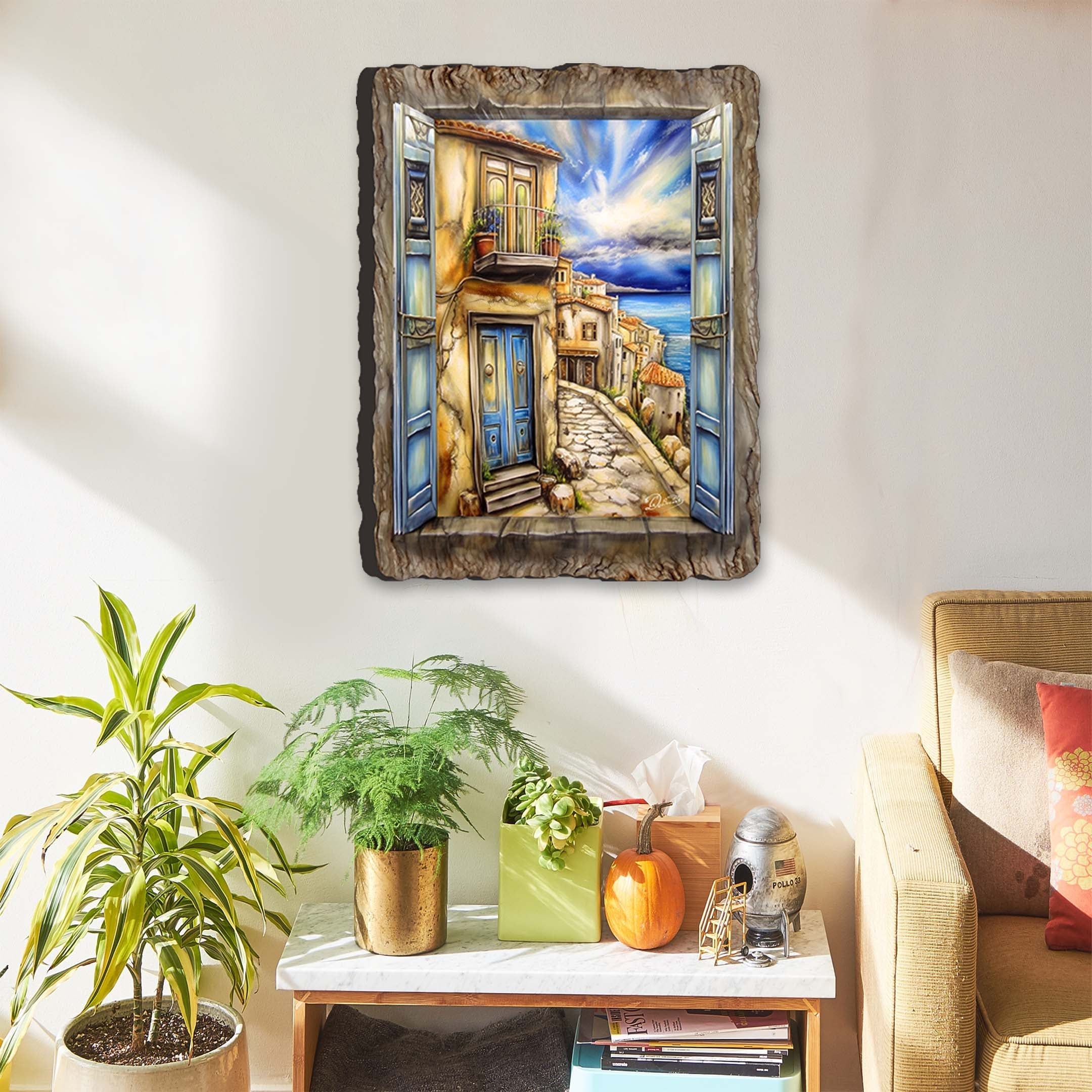 Coastal Town Window View Wall Art by G. DeBrekht showing a seaside landscape in wood with a blue-shaded sky and coastal town scene