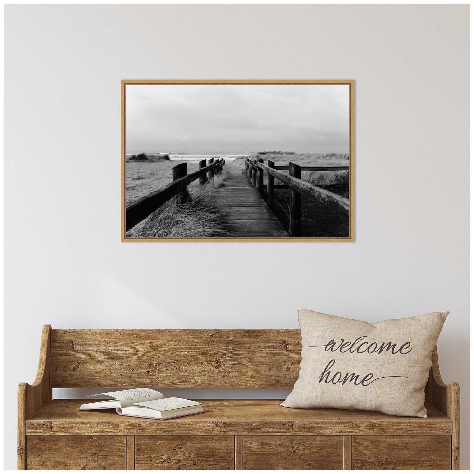 Sylvie Coastal Beach Boardwalk Black and White Framed Canvas by Patricia Hasz