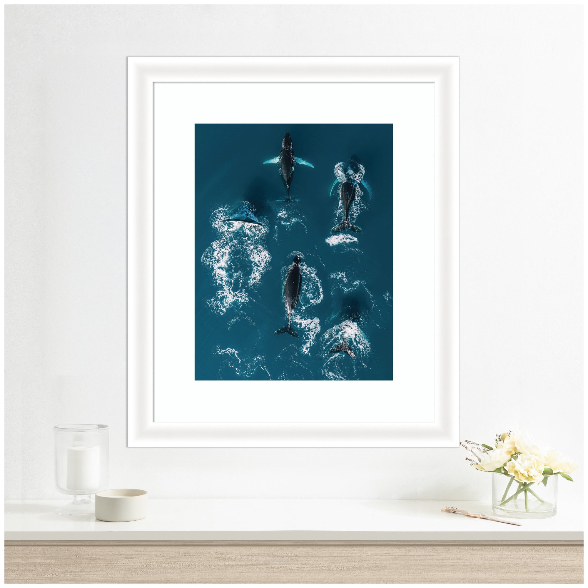 Framed Art School of Humpback Whales in the Blue Ocean by Michael Schauer