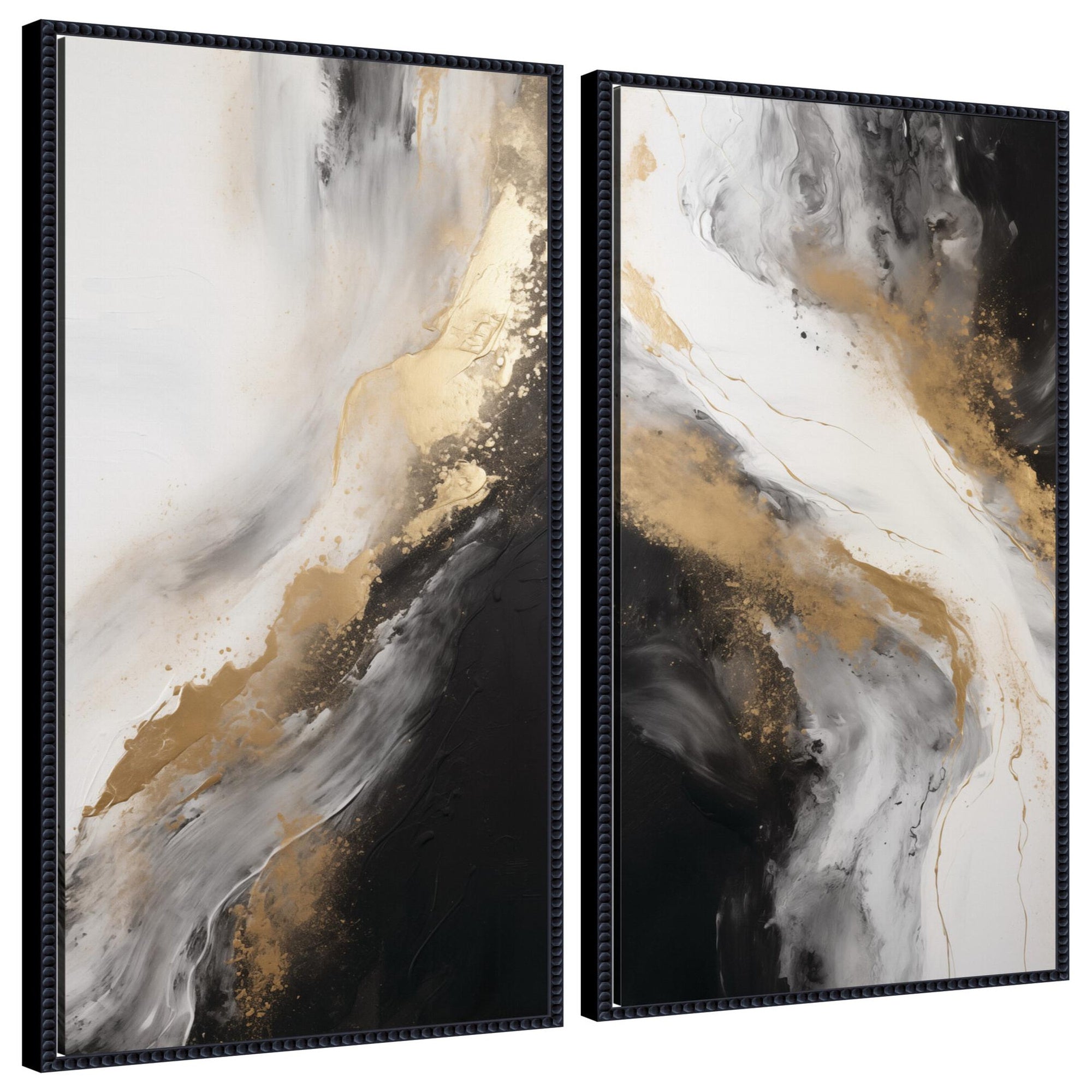 Luxe Drift 2 Piece Framed Canvas Wall Art Set showing two vertical abstract prints with blue and rust tones in beveled wooden frames
