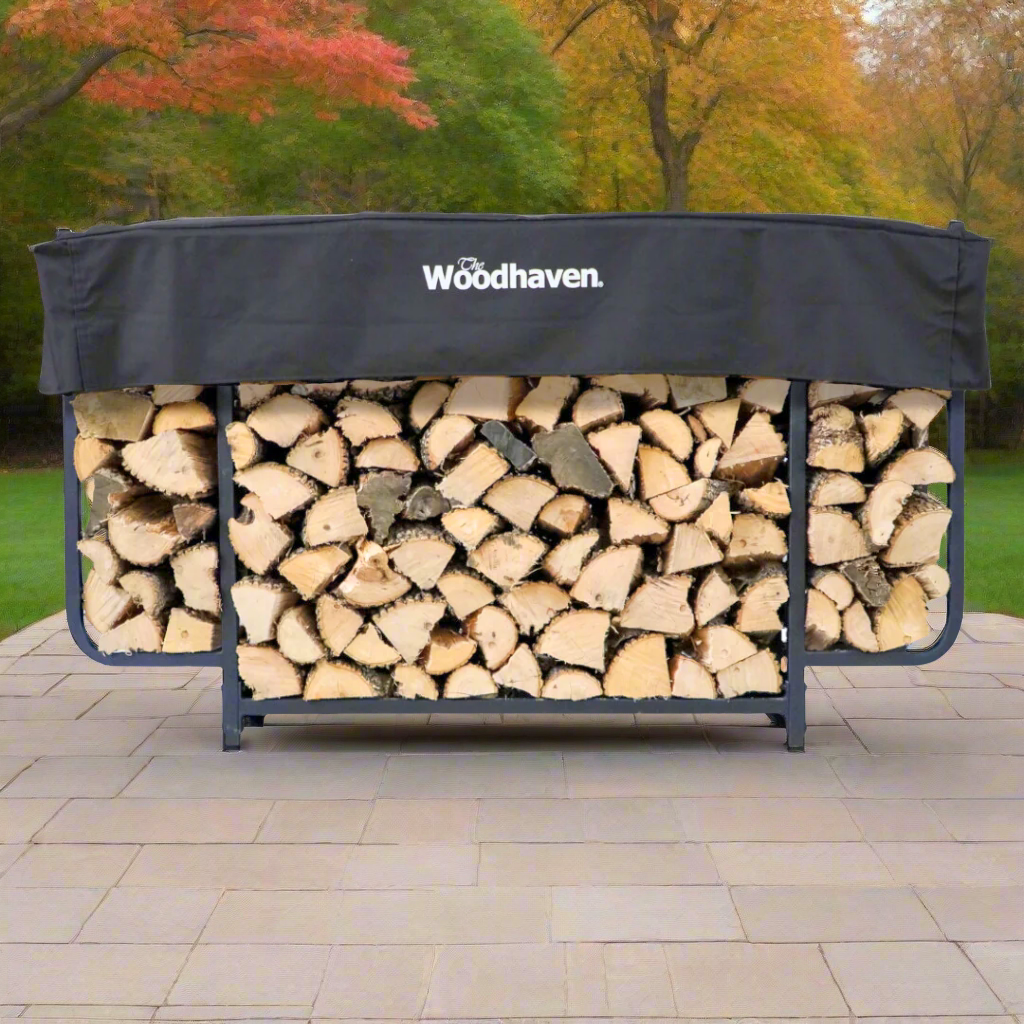 6 ft Courtyard Steel Firewood Rack with Cover by The Woodhaven, showing three storage sections and a protective cover