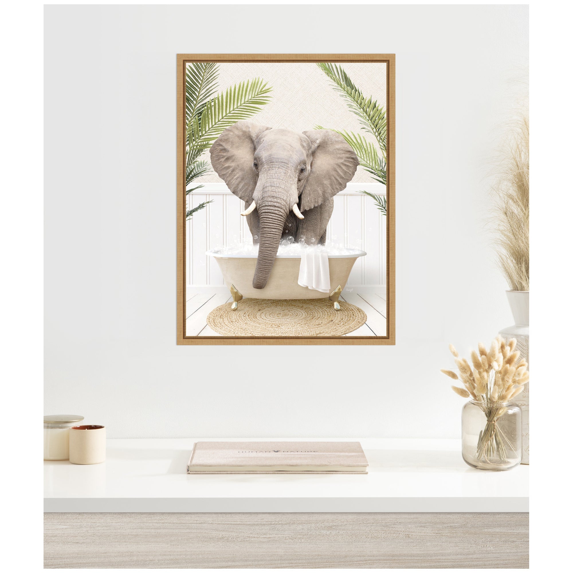 Sylvie Elephant Front Palm Bathtub Framed Canvas by Amy Peterson