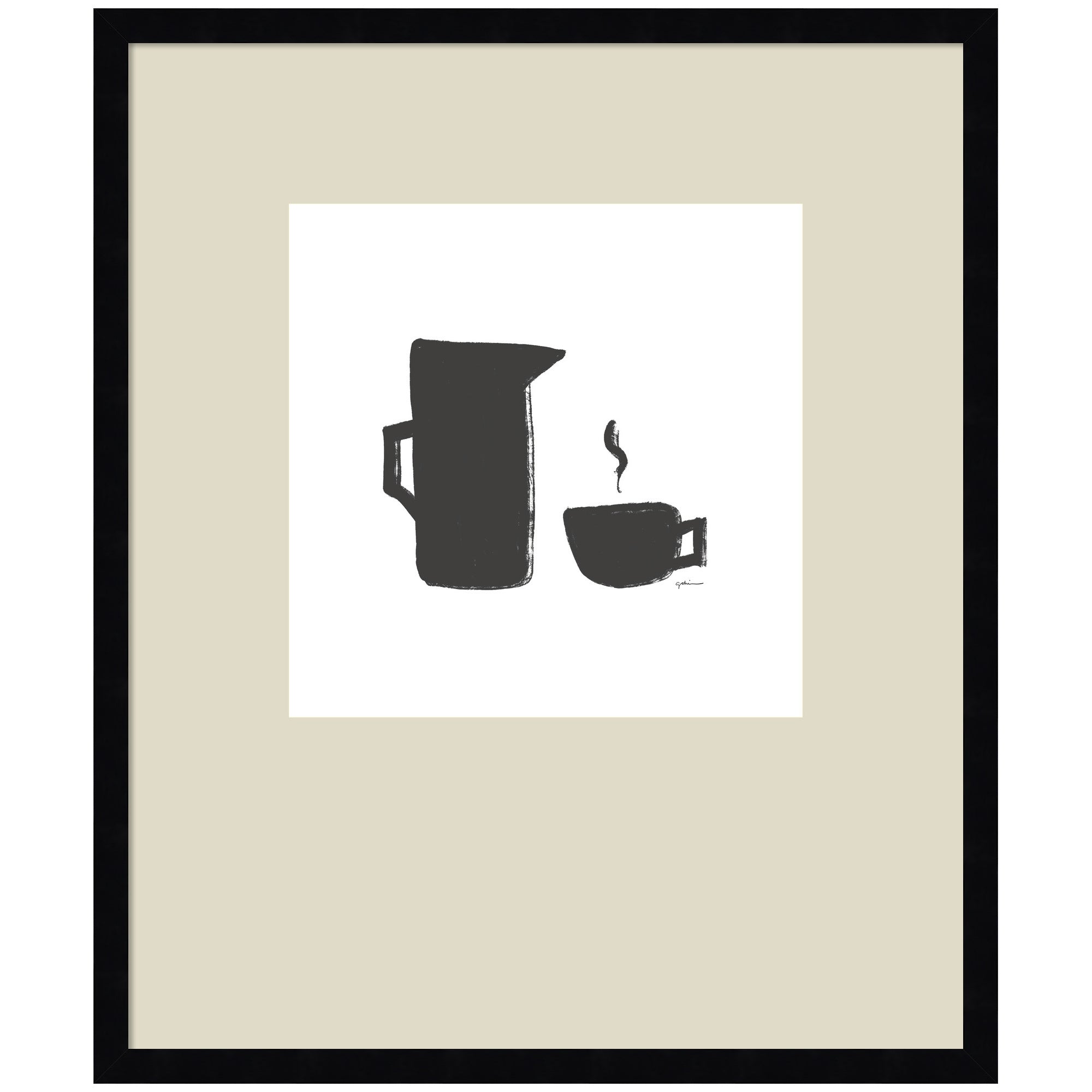 Coffee by Gabrielly Guedes framed wall art print hung above a modern sofa in a softly lit interior.