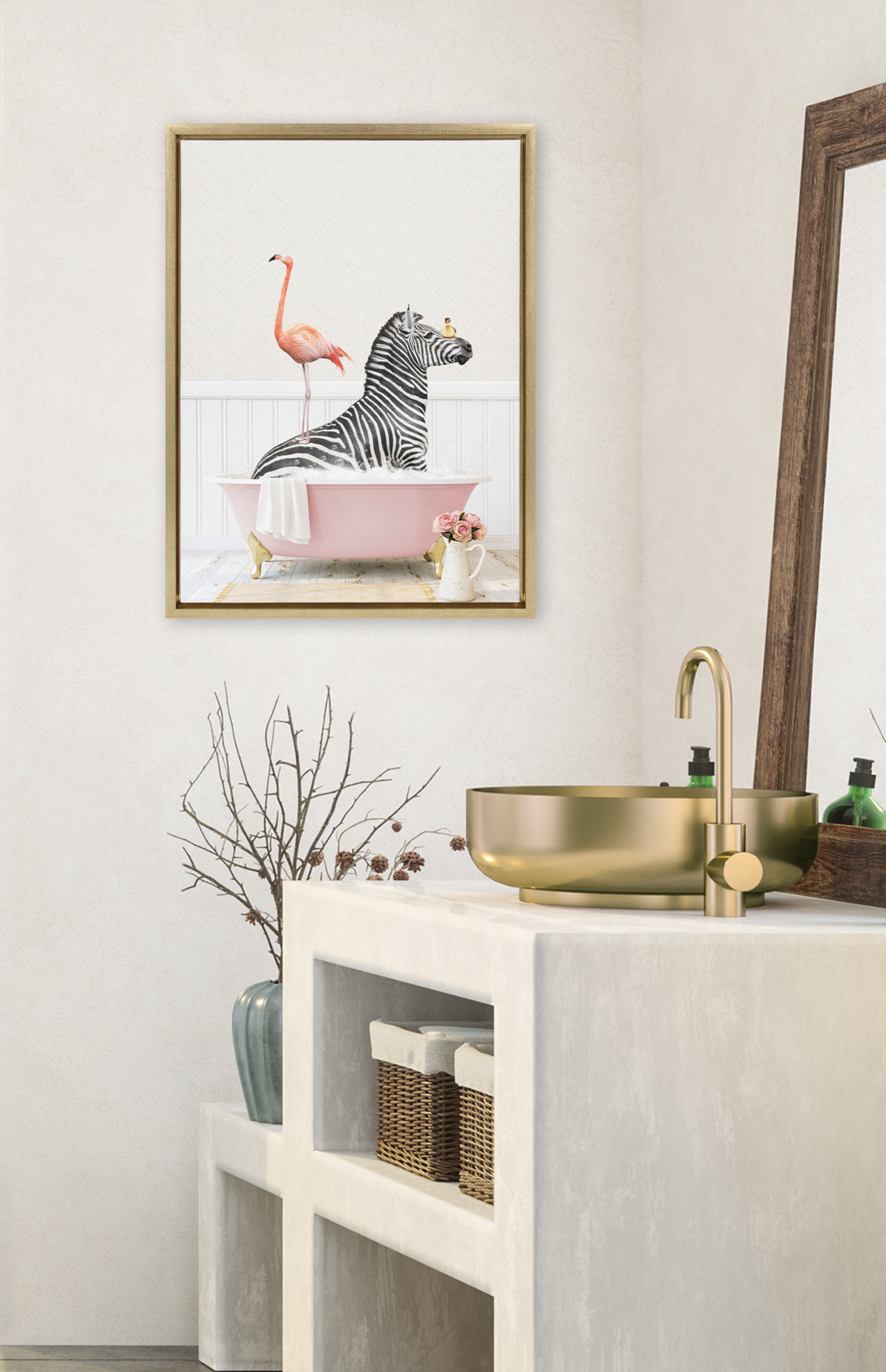 Sylvie Zebra and Flamingo in Cottage Rose Bathtub Framed Canvas by Amy Peterson