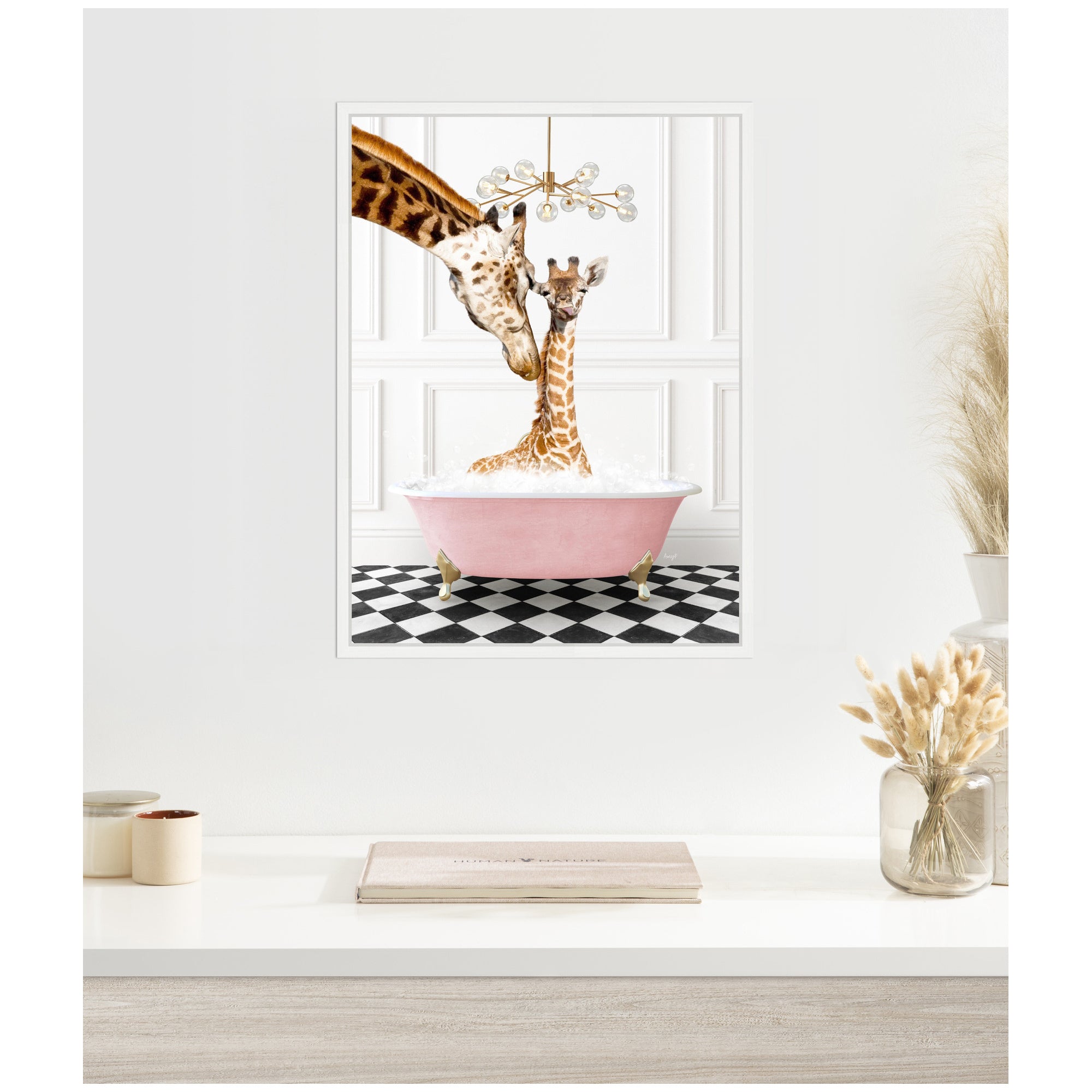 Sylvie Mother and Baby Giraffe in Pink Bathtub on Checker Floor Framed Canvas by Amy Peterson