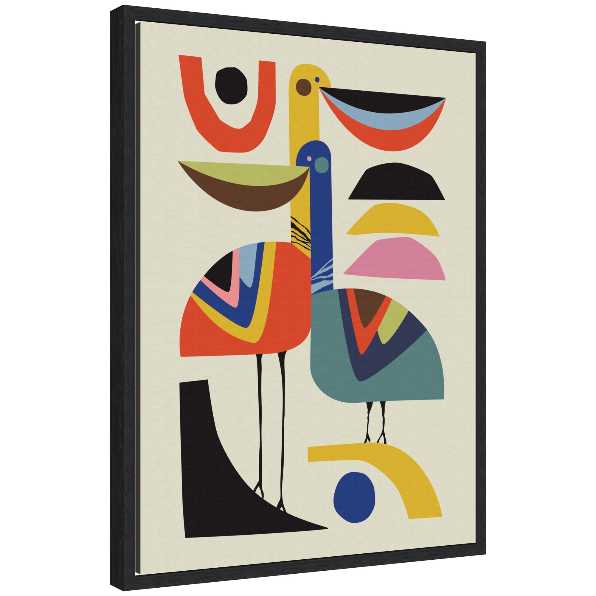 Sylvie Pelican Love framed canvas art by Rachel Lee showing abstract pelican shapes in warm tones with floating frame