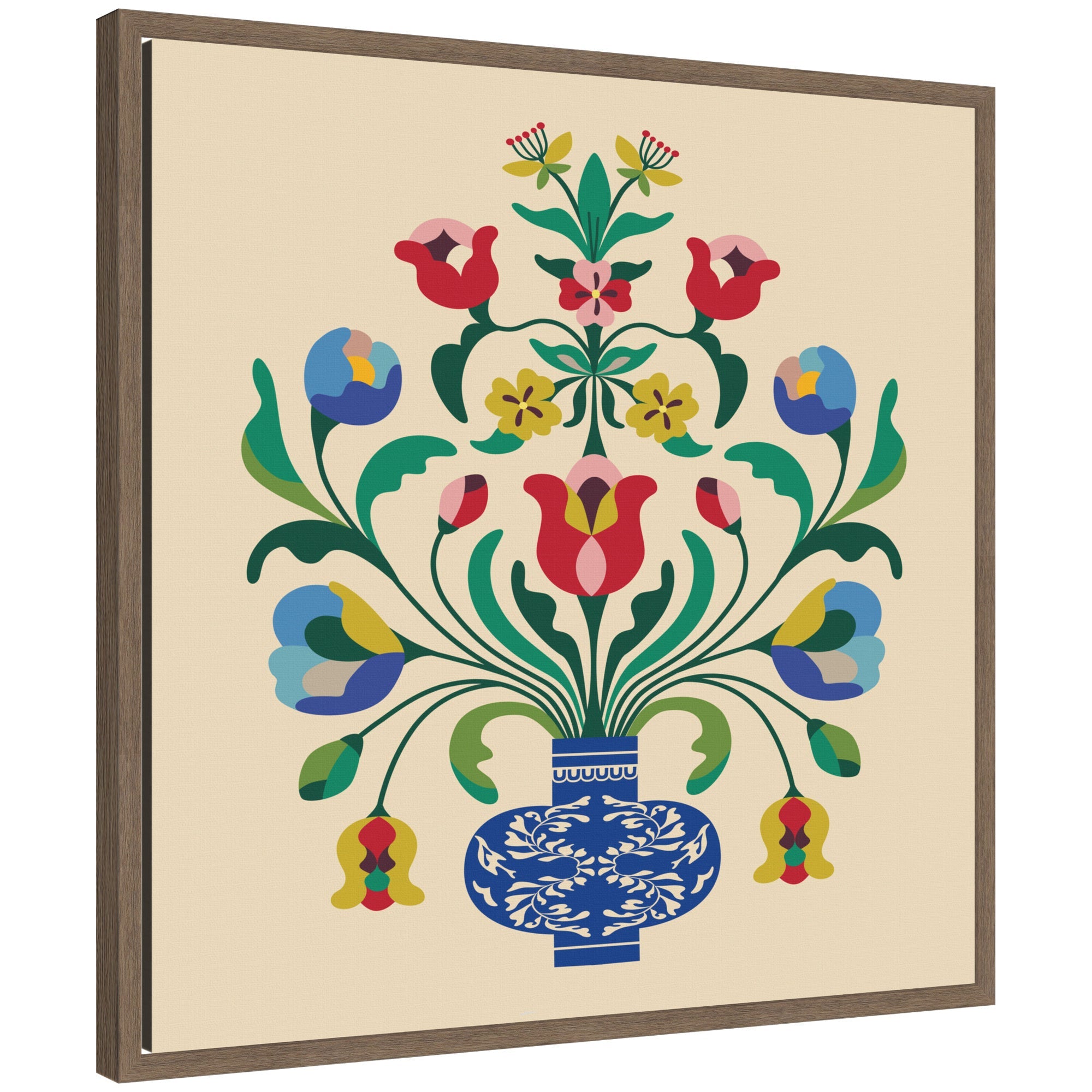 Floral Blue Vase 02 framed canvas wall art depicting a blue vase with flowers in walnut brown frame