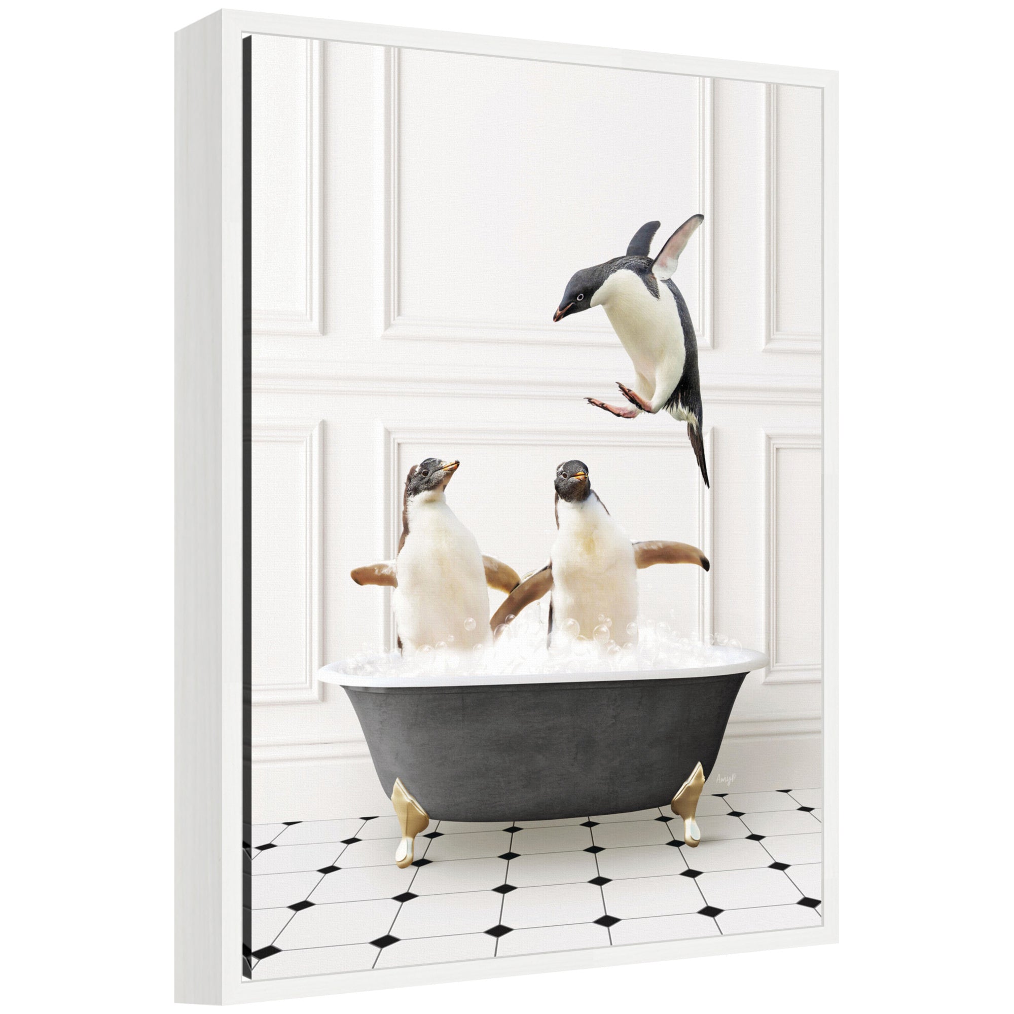 Sylvie Penguins in Classic Black and White Bath framed canvas showing penguins in black and white stencil style inside a vintage beaded white frame.