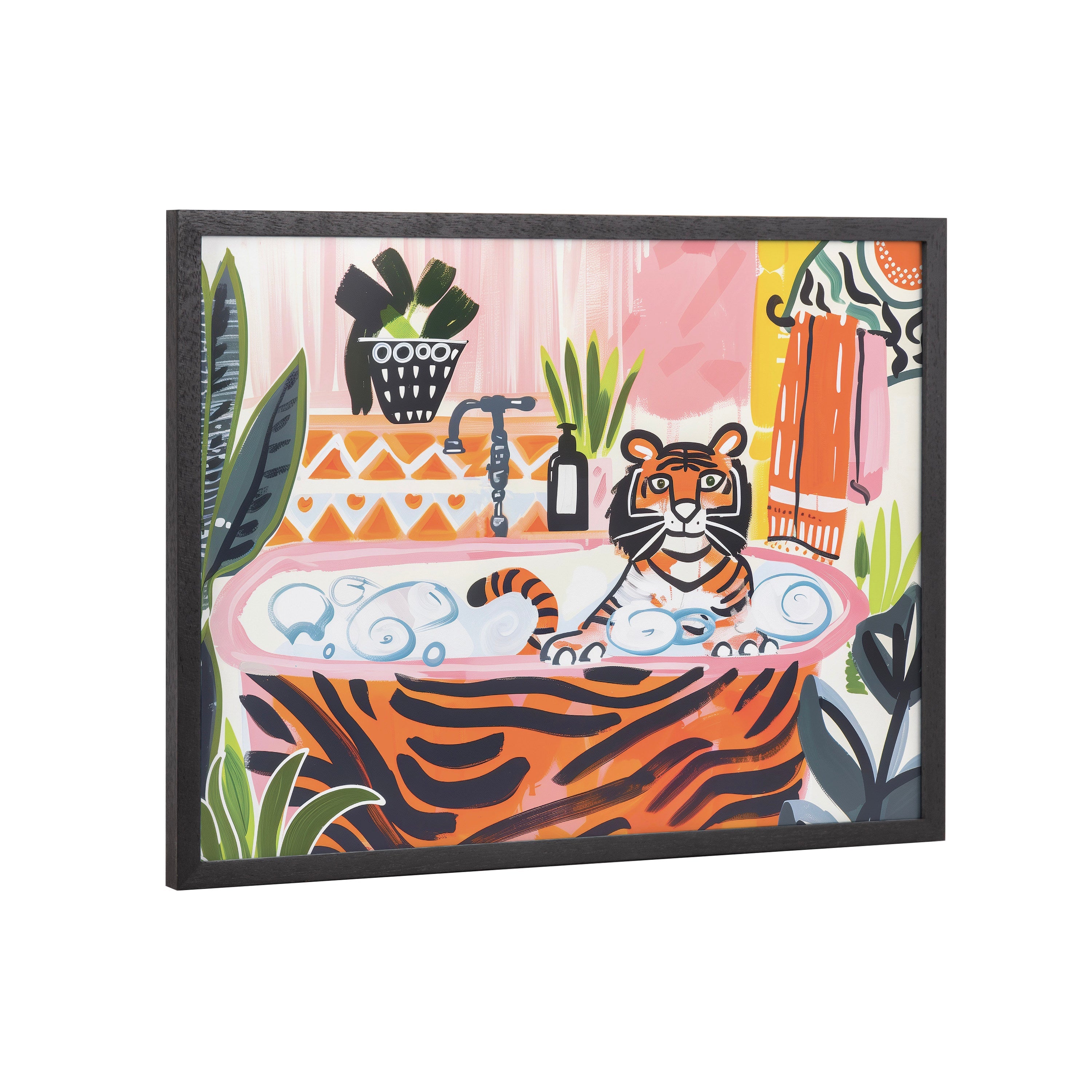Framed print showing a bold and colorful tiger relaxing in a bubble bath