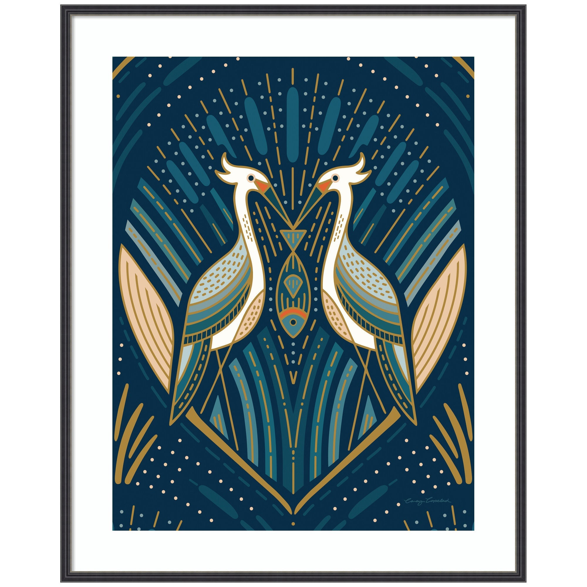 Framed Art Deco Herons Blue by Carey Copeland showing two stylized birds with a fish between them in geometric gold, teal, and white patterns
