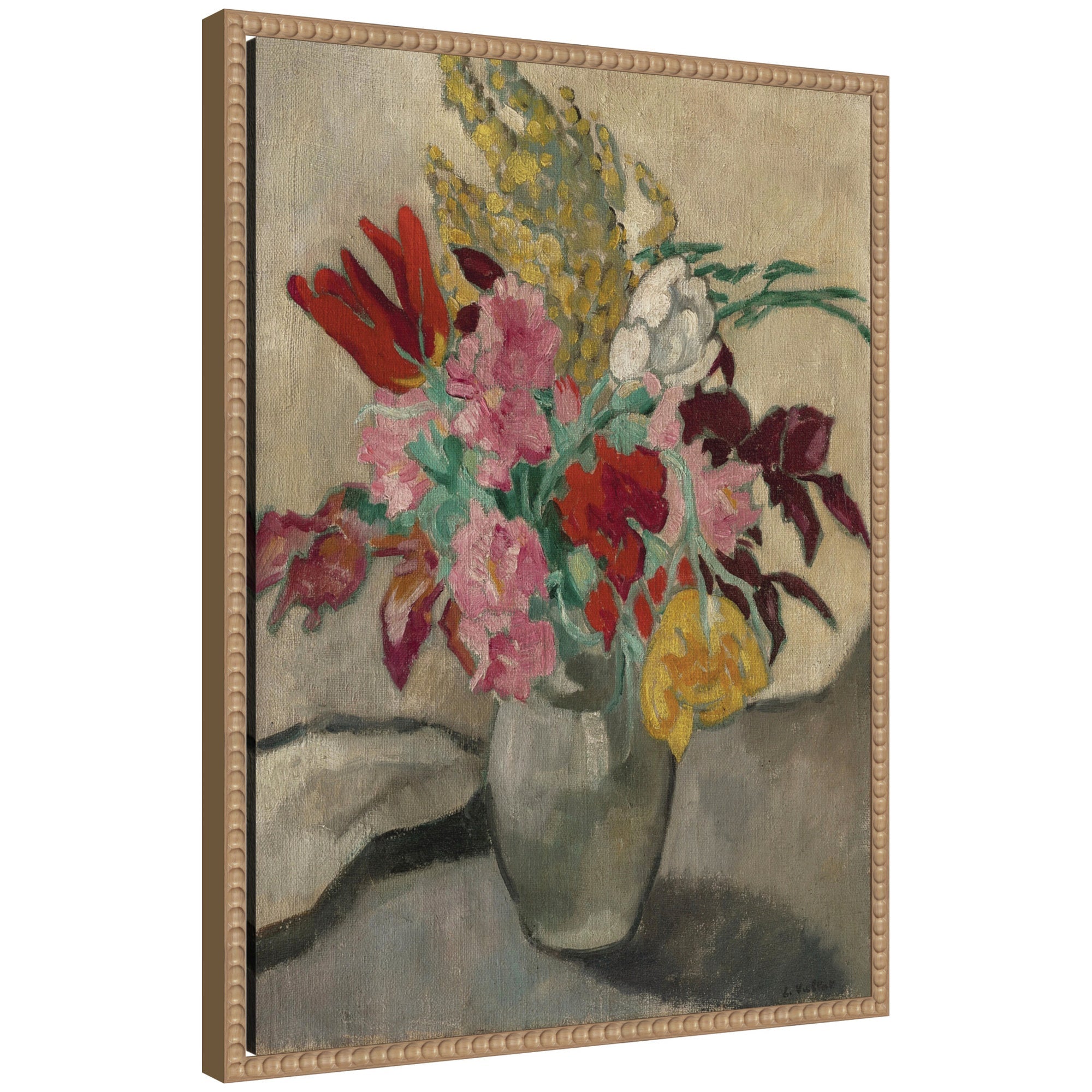 Framed canvas wall art of Vase avec bouquet de fleurs by Louis Valtat, featuring a colorful floral bouquet in shades of red, orange, and blue within a Sylvie Beaded wooden frame.