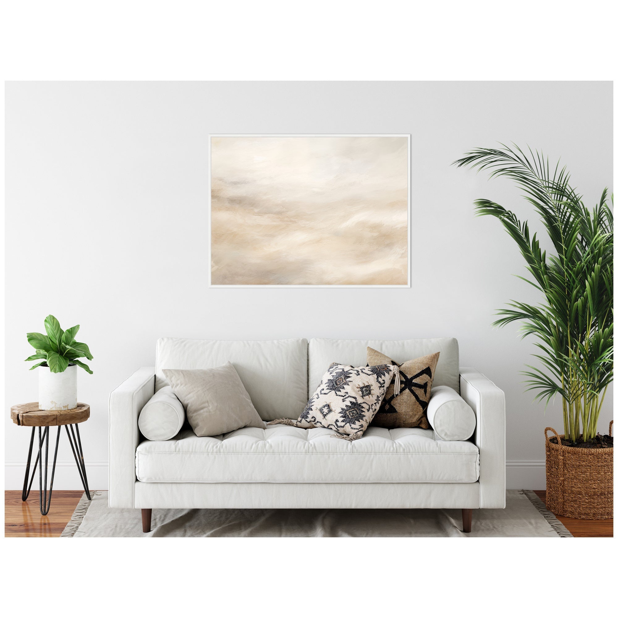 Sylvie Tonal Abstract Textural White and Beige Framed Canvas by The Creative Bunch Studio