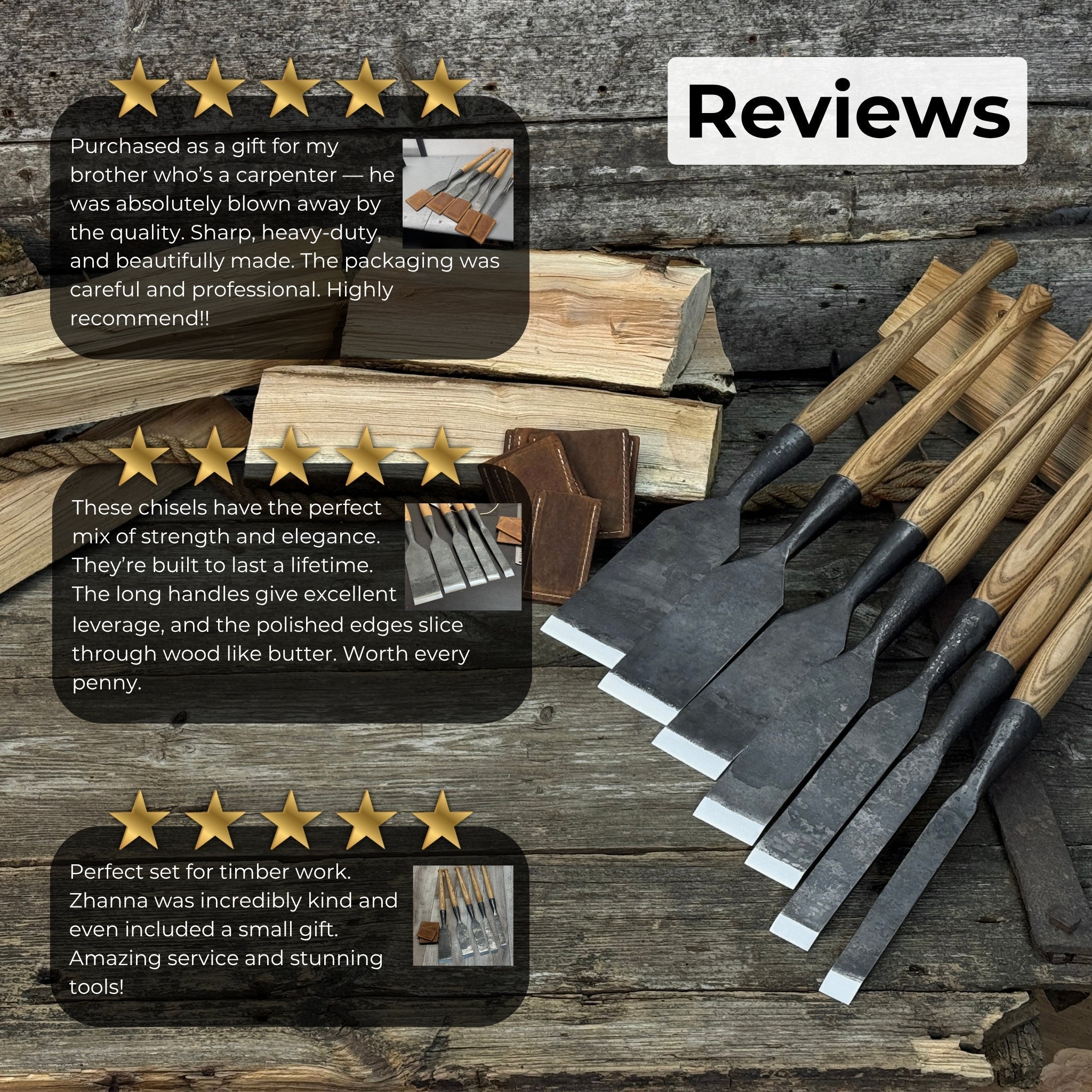 7-piece long timber framing chisel set with hand-forged steel blades and ash handles
