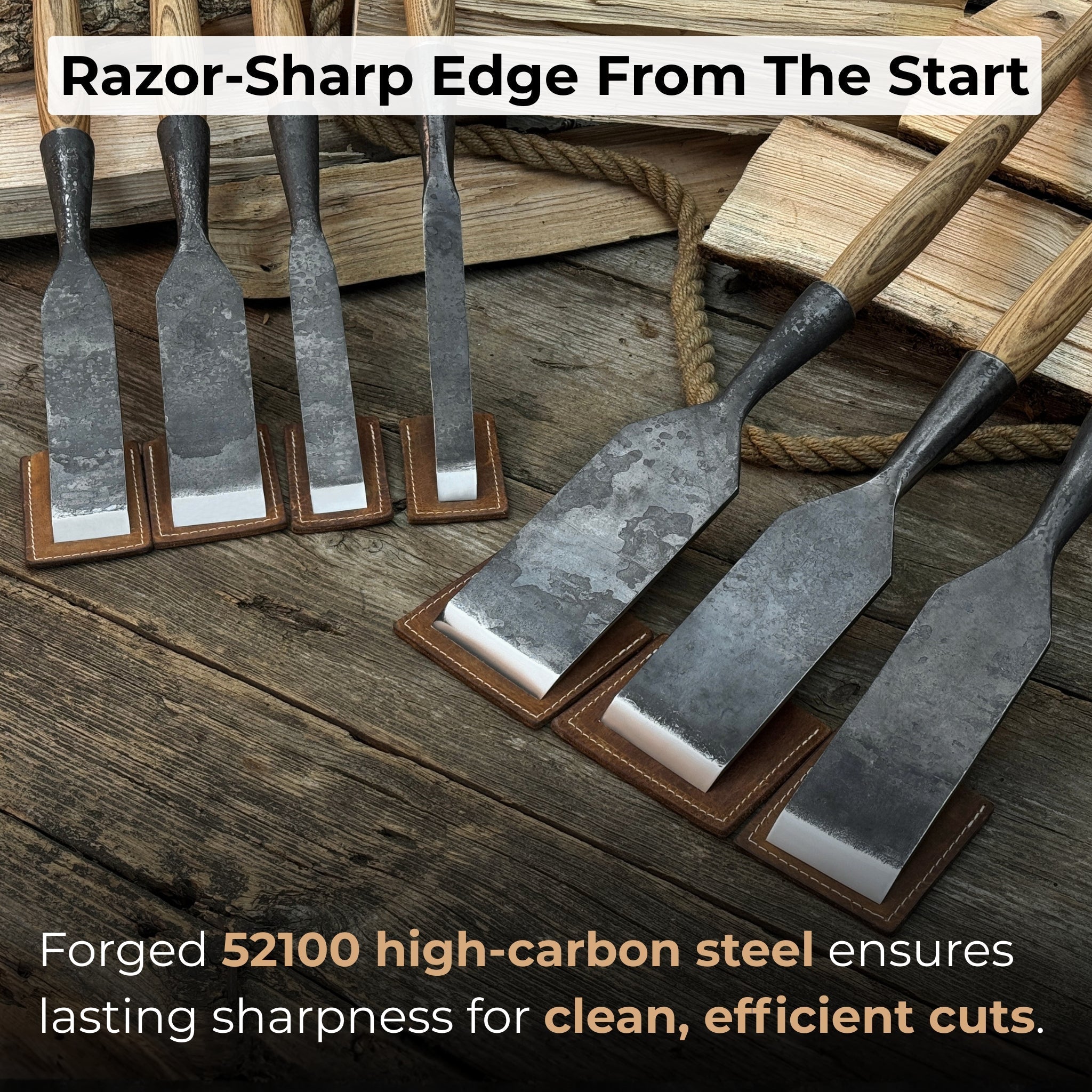 7-piece long timber framing chisel set with hand-forged steel blades and ash handles