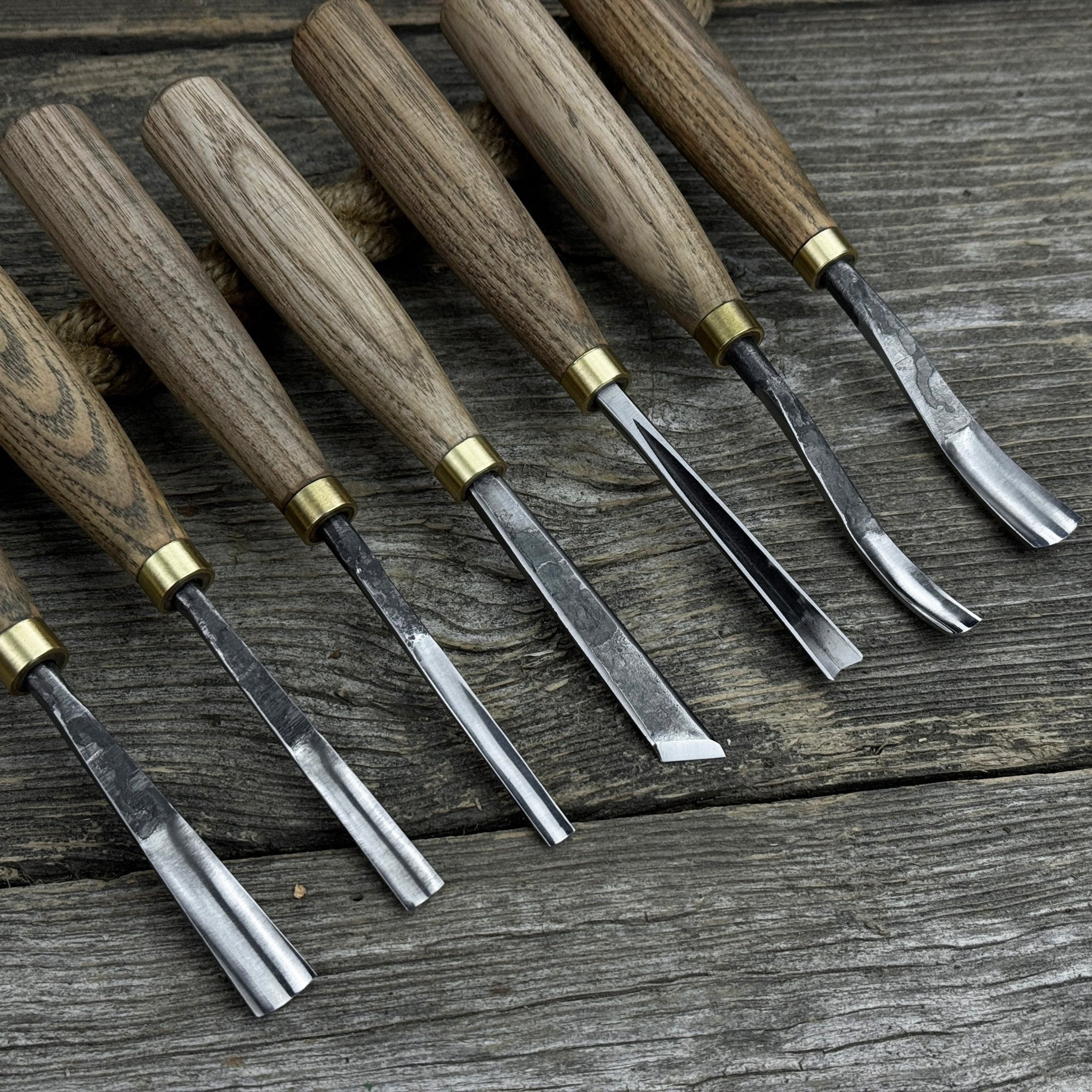 7-piece wood carving chisel and gouge set with ash wood handles and forged steel blades