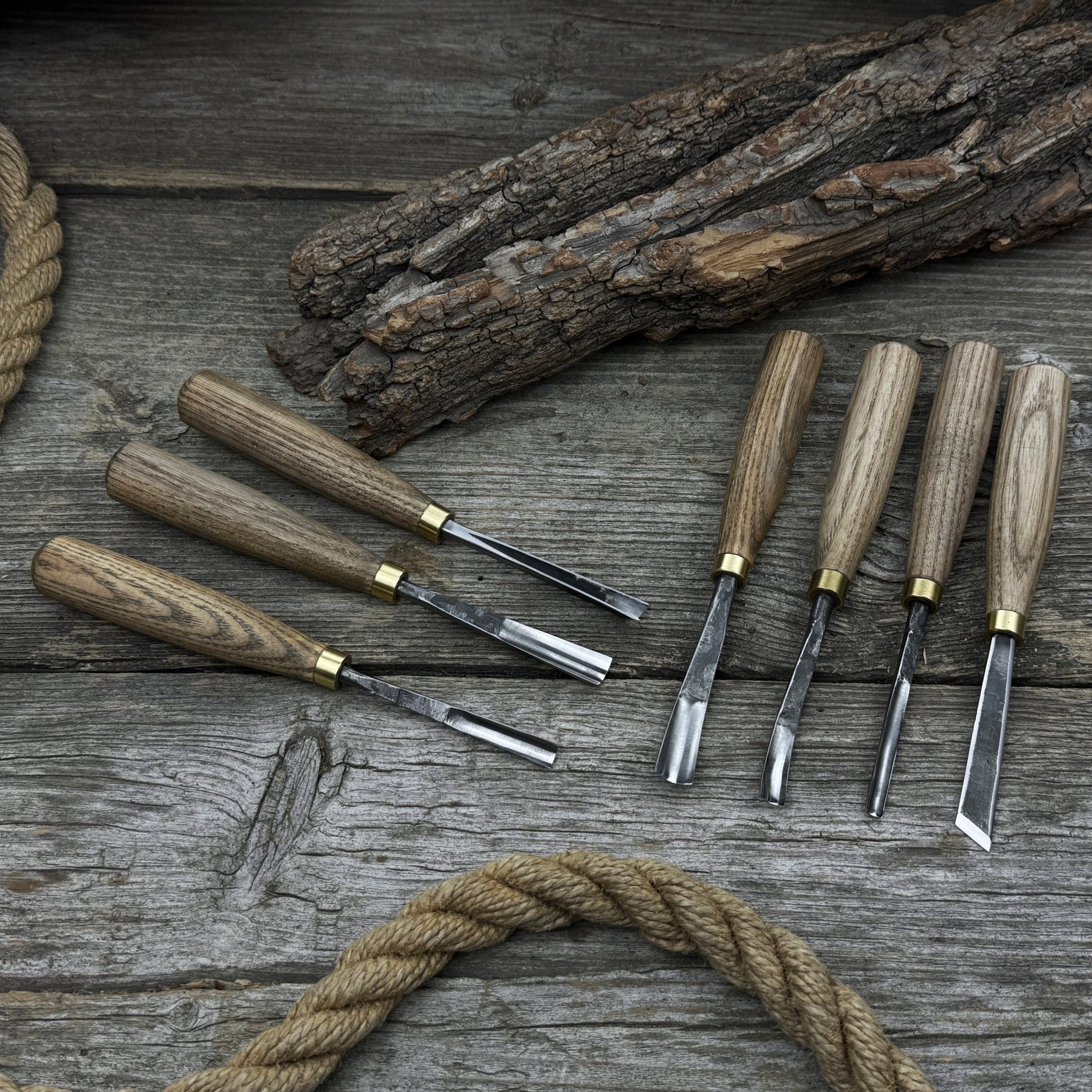 7-piece wood carving chisel and gouge set with ash wood handles and forged steel blades