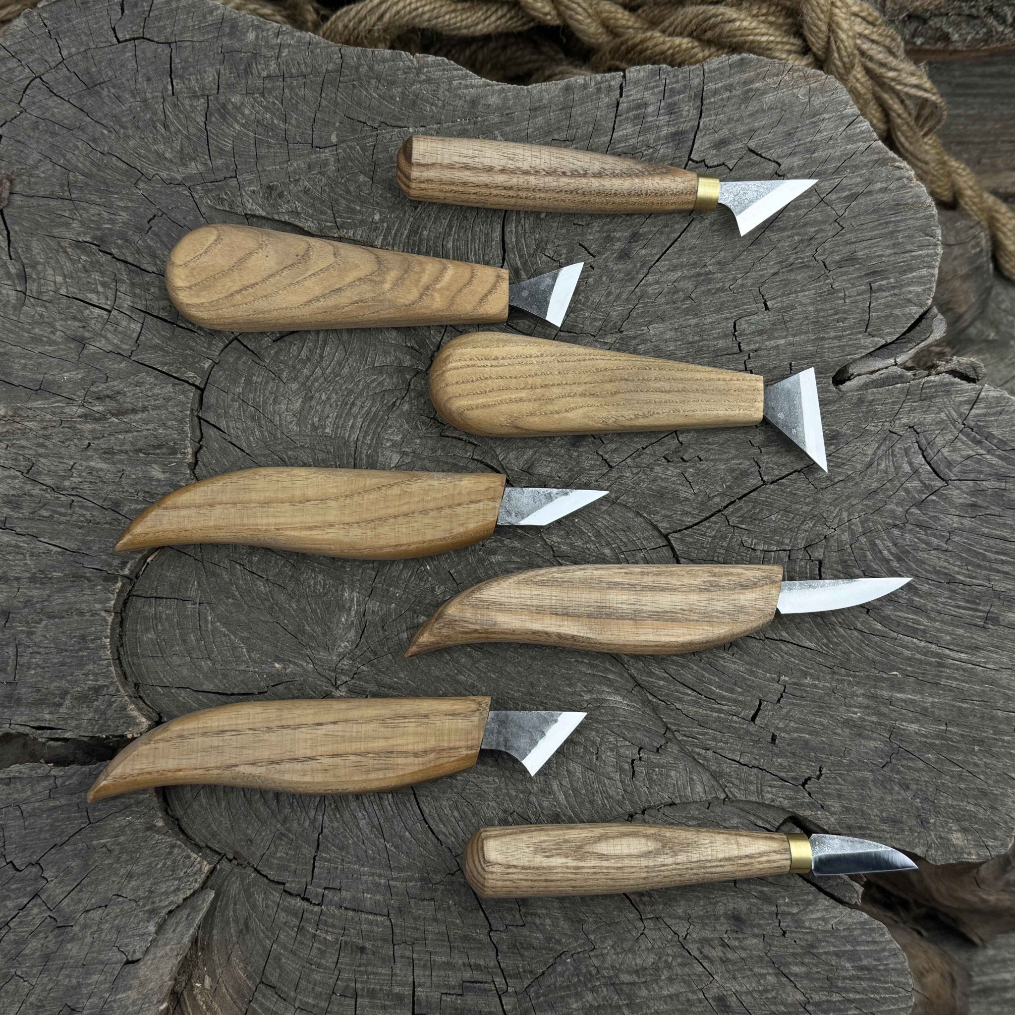 7-Piece Wood Carving Knife Set with hand-forged blades and ash wood handles