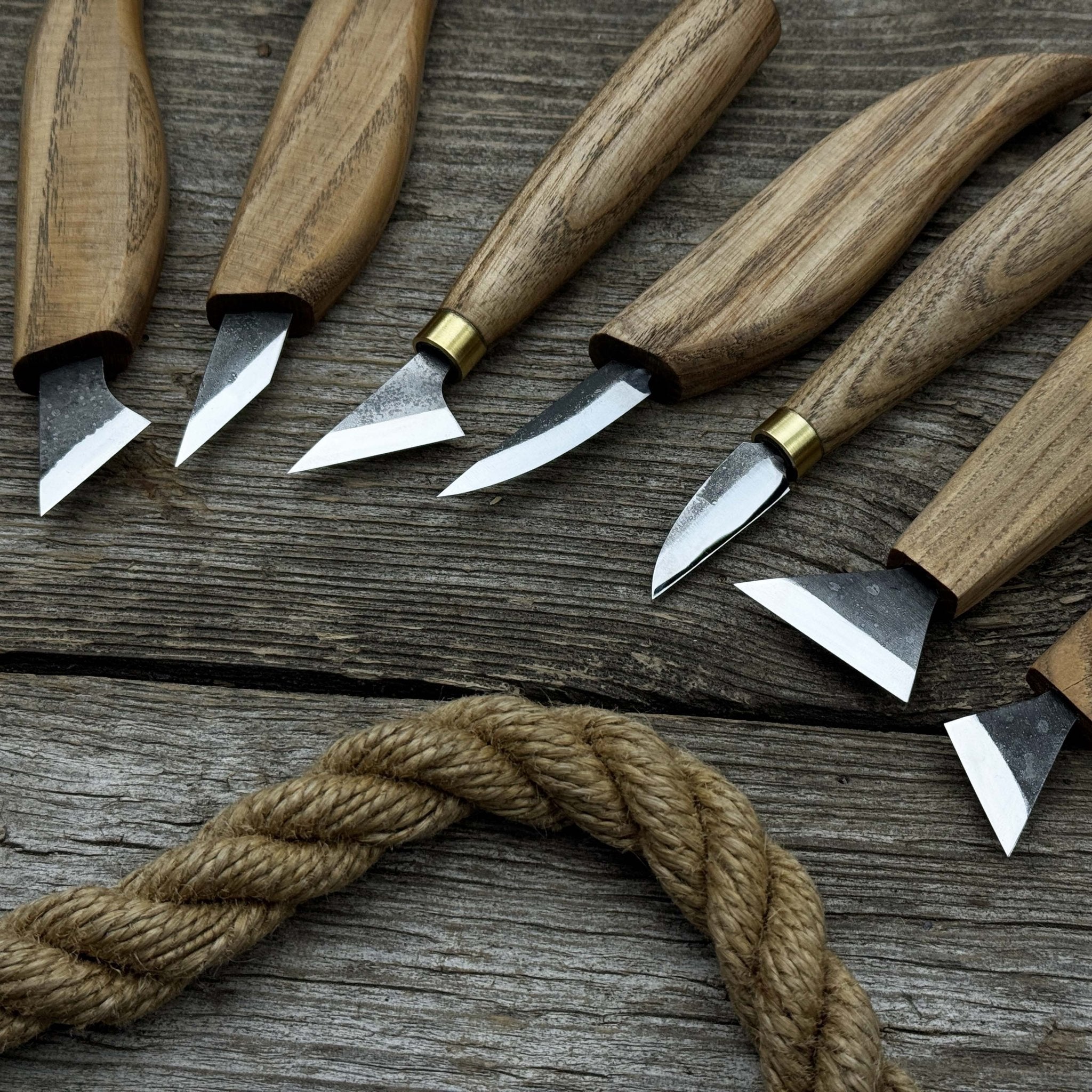 7-Piece Wood Carving Knife Set with hand-forged blades and ash wood handles