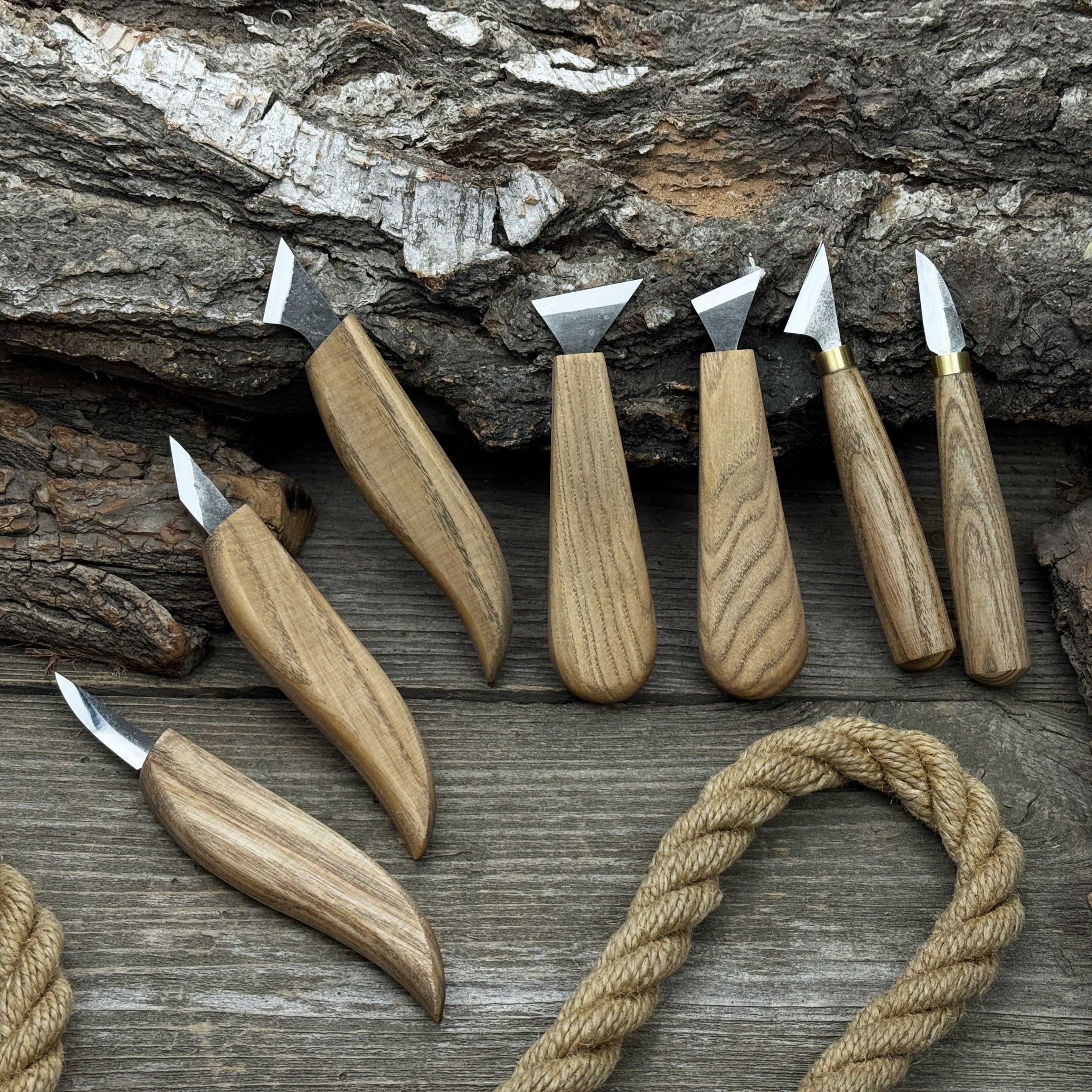 7-Piece Wood Carving Knife Set with hand-forged blades and ash wood handles