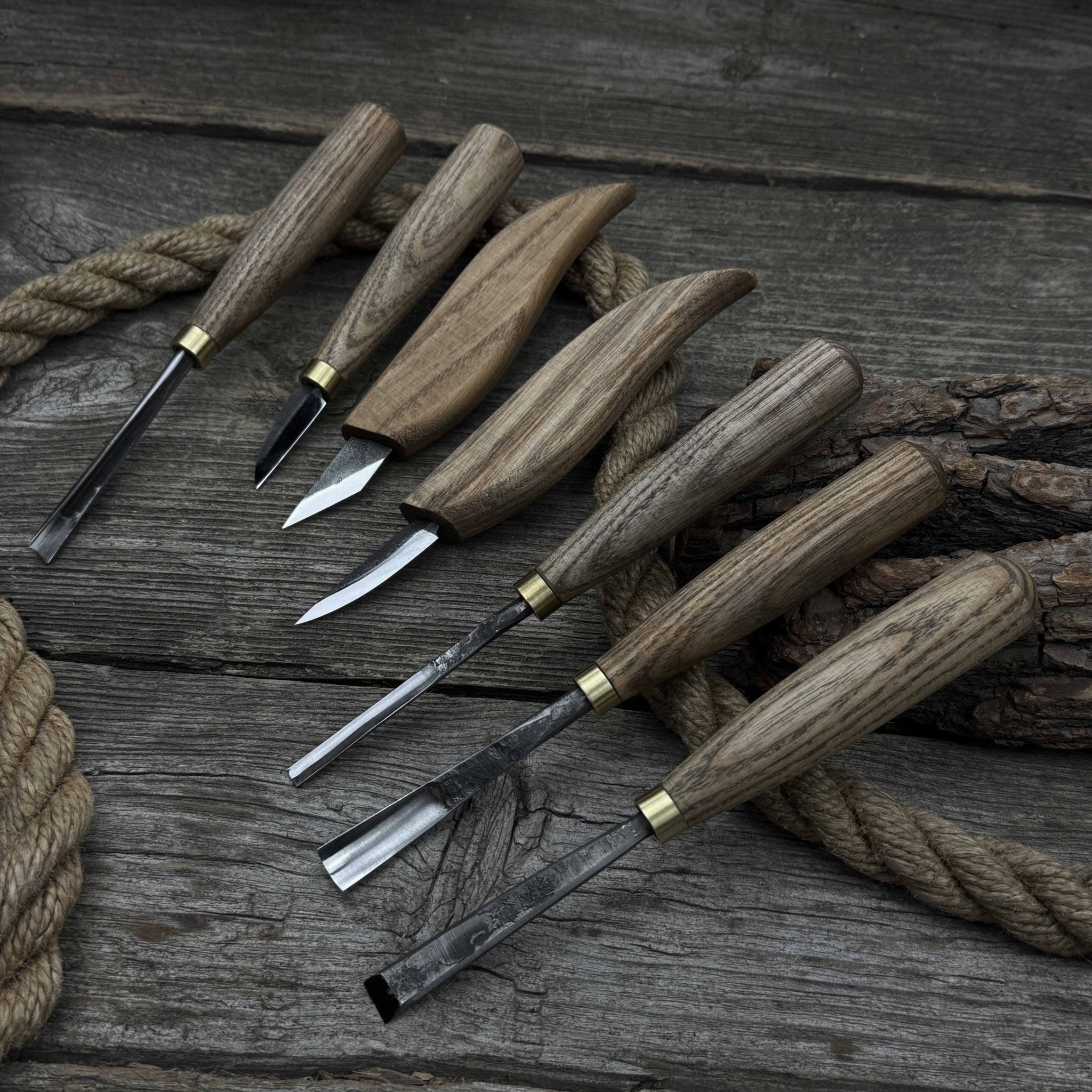 7-piece wood carving tool set with knives and chisels by Sharky Forged Steel Tools