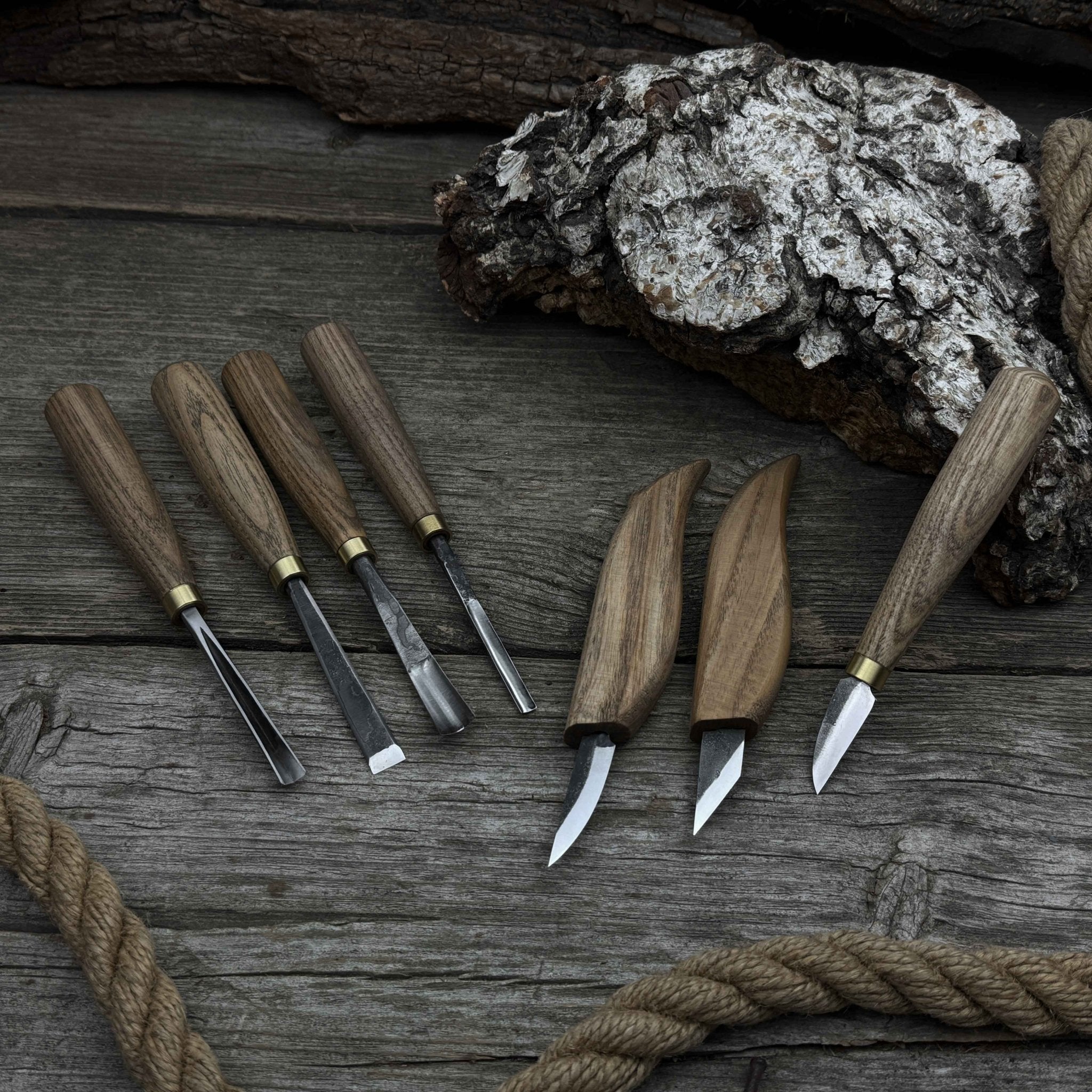 7-piece wood carving tool set with knives and chisels by Sharky Forged Steel Tools