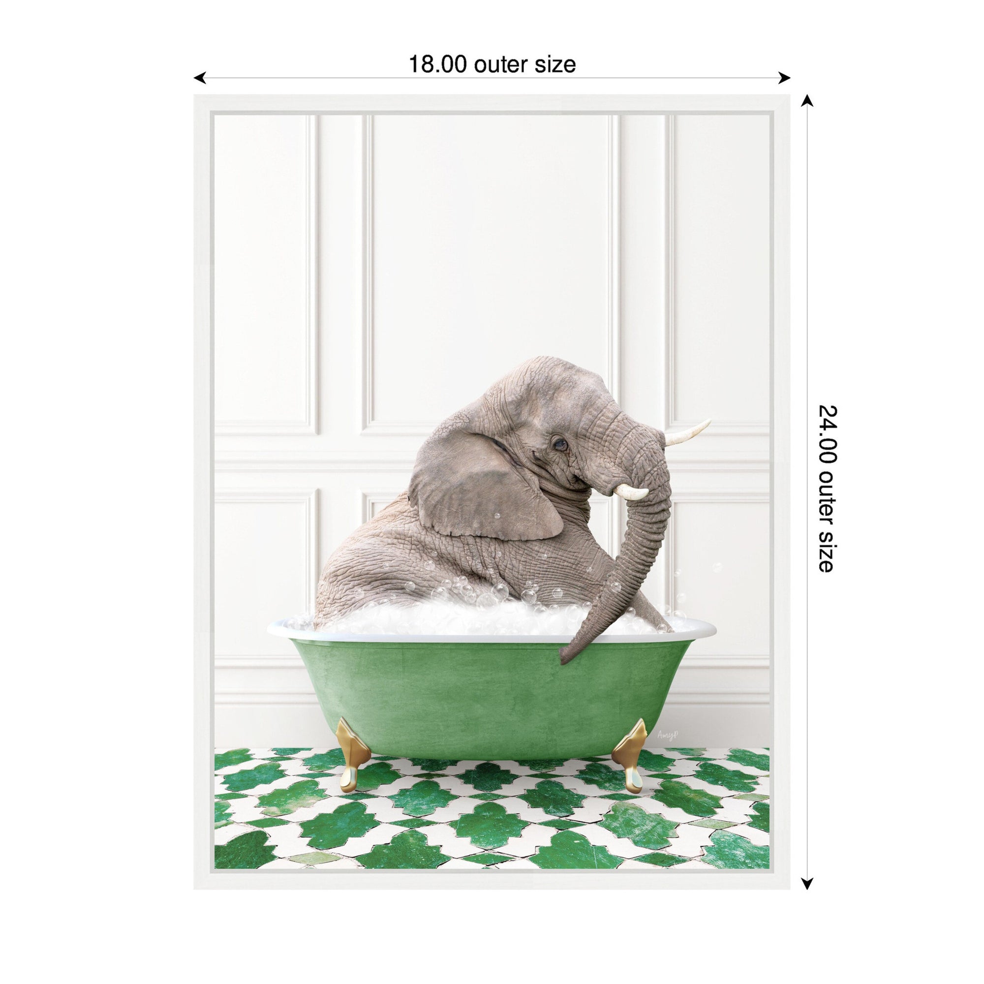 Sylvie Young Elephant in Eclectic Green Panel Wall Bathtub Framed Canvas by Amy Peterson